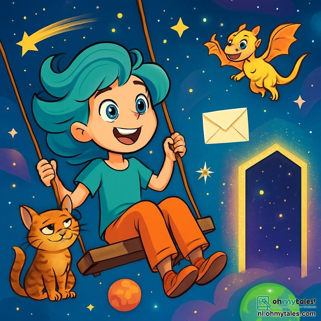 Fena Stardust is een jonge vrouw met zwevende blauw-groene haren, sprankelende ogen vol nieuwsgierigheid en een verwonderde glimlach. Ze hangt in haar anti-zwaartekracht schommel, omringd door fonkelende sterren en kleurrijke planeten. Naast haar zit professor Spikkels, een gestreepte kat met ondeugende ogen, op de rand van de schommel, met een bedachtzame en amuserende uitdrukking, terwijl hij de scène met een wijs gezicht observeert. Pluisje, een kleine draak met gouden schubben en transparante vleugels, vliegt om hen heen en probeert hen af te leiden met vrolijke pirouettes. De locatie is een uitgestemde sterrenhemel, gevuld met levendige nevels in stralende kleuren, waar kometen snel voorbijschieten en heldere sporen achterlaten. Op de achtergrond creëren planeten met verschillende texturen, sommige bedekt met fonkelende bossen en andere met zeeën van licht, een feeëriek tafereel. De hoofdscène toont Fena die een zwevende brief ontdekt die uit de lucht is gevallen, terwijl er een magische deur voor haar verschijnt, fonkelend van mysterie. Haar blik is vol verwondering en opwinding terwijl ze zich voorbereidt om een van de drie deuren te kiezen die haar lot kunnen veranderen.