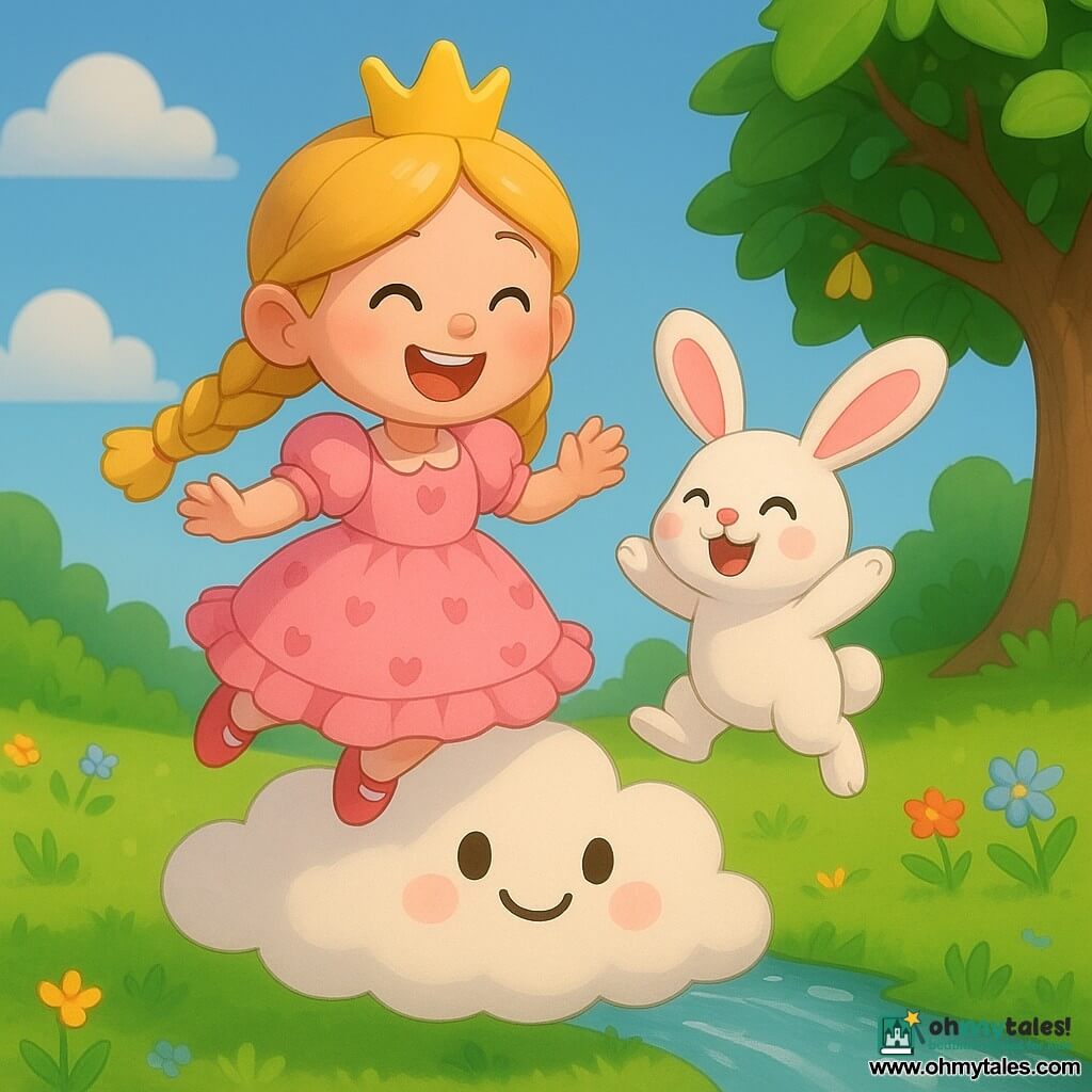 A radiant five-year-old princess with braided blonde hair and a pink ruffled dress decorated with hearts laughs as she skips on a fluffy cream cloud while a white soft rabbit named Bouncy with big pink ears leaps beside her; the smiling cloud carries them gently above a bright green meadow with waving grass, colorful flowers, a sparkling stream, and a friendly tree with shiny leaves that tinkle in the breeze, the scene conveying joy, wonder, softness, and light motion.