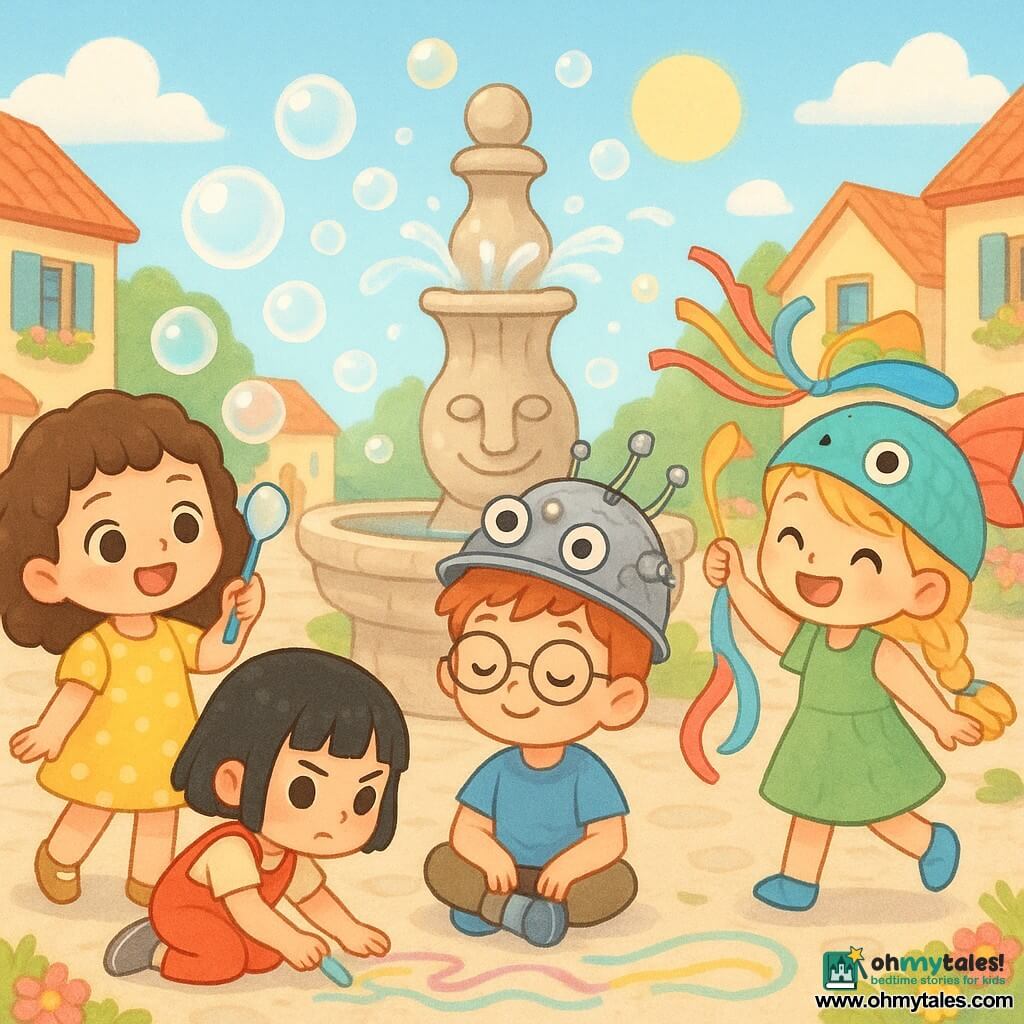 There are 4 children: Mia, an 8-year-old girl with curly brown hair and sparkling eyes, wearing a yellow polka dot dress, stands on the left holding a large bottle of soap bubbles. Lila, an 8-year-old girl with blond braided hair and a mischievous smile, wears a fish-shaped hat and a green dress, stands on the right waving colorful ribbons. Sam, a 9-year-old boy with messy red hair and round glasses, dressed in a blue t-shirt, sits in the center with a makeshift helmet on his head, with wires and googly eyes sticking out. Jo, an 8-year-old girl with black bobbed hair and a focused look, wearing red overalls, crouches in front of the group, drawing on the ground with multicolored chalks. The setting is a sunny village square, surrounded by houses with colorful facades and vibrant flowers. In the center stands a stone fountain with a slightly smiling sculpted face, surrounded by floating bubbles and ribbons dancing in the wind. The main scene shows the children performing their "Wiggle Parade" around the fountain, each expressing joy and creativity through exaggerated gestures and fun accessories, while the fountain seems to laugh softly with water spurting in small sparkling jets.