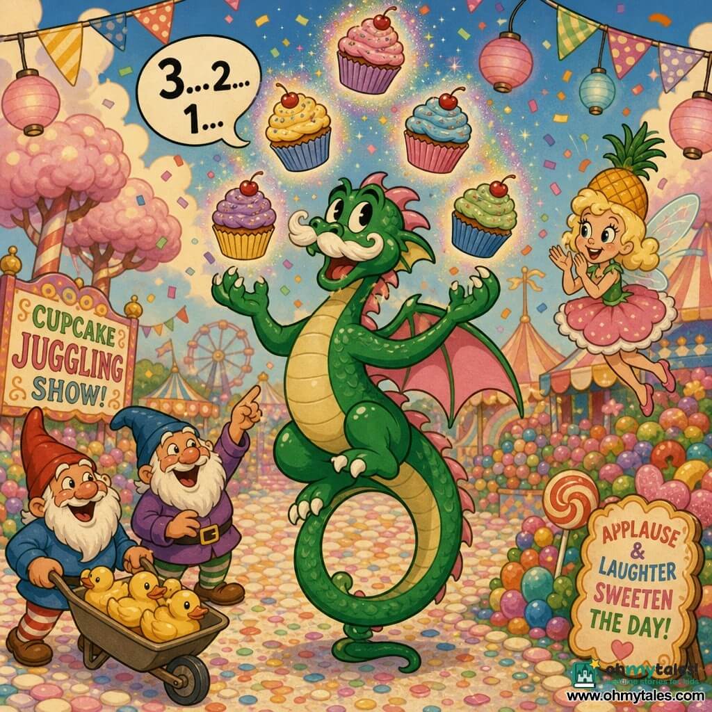 A joyful, focused male dragon with shiny emerald scales, candy-pink wings and a white icing mustache balances on his raised tail while juggling sparkling rainbow-glitter cupcakes that float like clouds; Pixie Flossy, a small bubbly blonde woman wearing a pineapple hat, flies at his shoulder, clapping amid confetti; two gnome men in striped socks and pointy hats stand by candy-bushes, one with a wheelbarrow of rubber ducks and the other laughing and pointing; the scene is a colorful fair with pearled sugar paths, multicolored jellybean bushes, pink marshmallow trees, patterned bunting, confetti-dusted ground and hanging lanterns, the crowd laughing and applauding as the dragon counts down in a retro cartoon style with saturated colors and soft late-afternoon light.