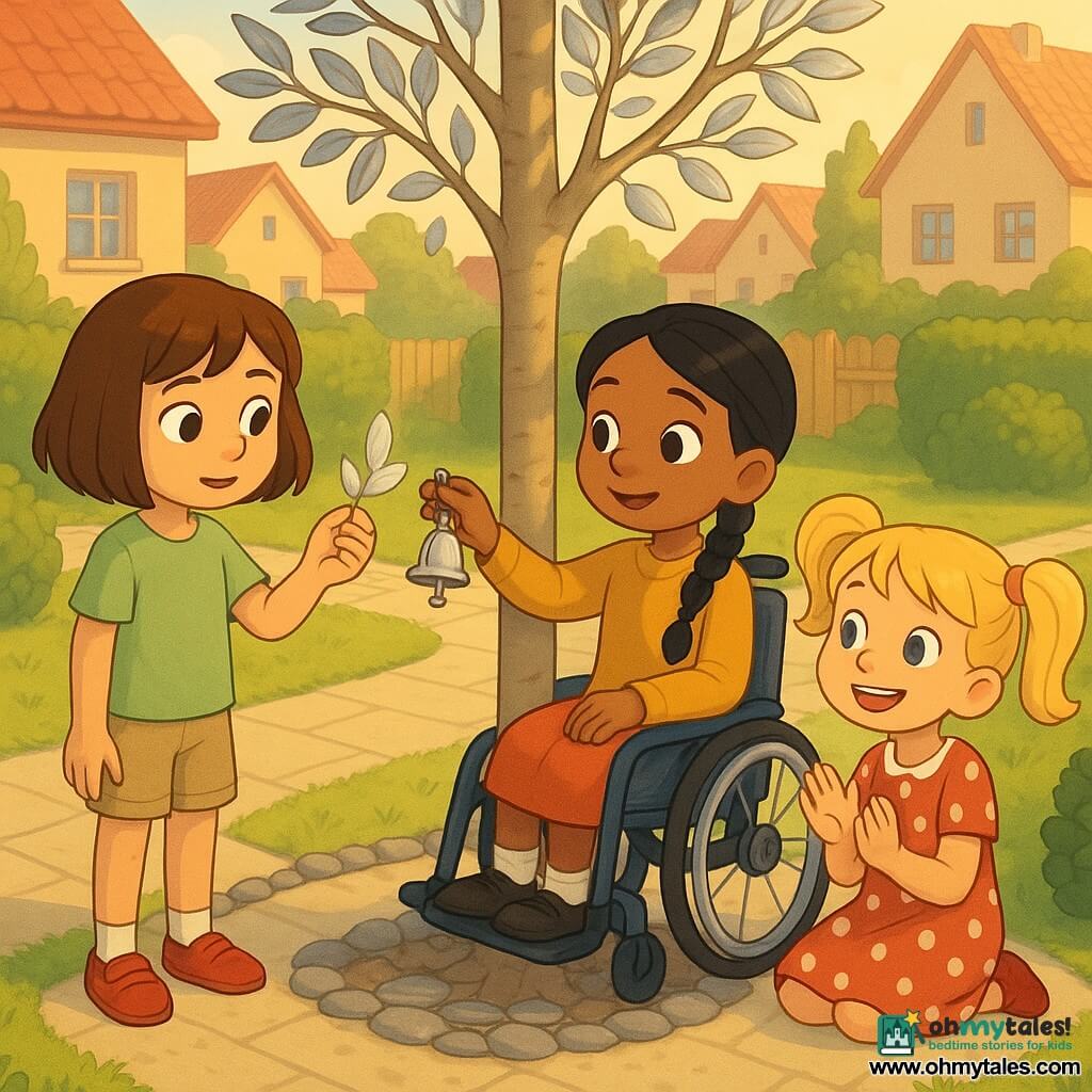 Three 7-year-old girls gather around a slender tree with silver, mirror-like leaves in a walled village garden: Mira, with brown bobbed hair, bright eyes and a light green t-shirt and beige shorts, stands left of the tree looking at the shiny bell in her hand; Sara, blond in pigtails with a wide smile and a red polka-dot dress, sits right of the tree applauding lightly; June, in a midnight-blue wheelchair with star stickers, braided black hair and a mustard sweater, sits center-front with a silver leaf on her lap and her hand on the trunk. The garden has pale flagstones, pebble-lined paths, clipped shrubs and a central ring of flat stones around the tree; the scene is calm and attentive in soft, golden late-afternoon light with long shadows and pastel colors.