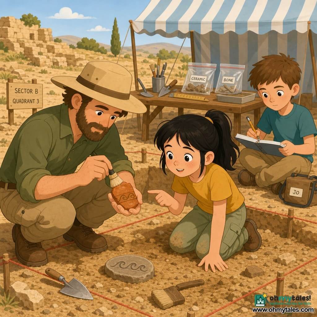 A gentle bearded archaeologist wearing a wide beige hat and brown soft boots is crouched, carefully brushing a small orange-brown potsherd; Mina, about 9, with black hair in a ponytail kneels beside him, pointing at the shard with a curious bright face and slightly dusty knees; Jo, about 10, with short chestnut hair sits slightly behind with an open notebook and pencil, recording measurements next to a small labeled bag. The outdoor sandy ochre-and-beige excavation has squares marked by red strings on wooden pegs, a small white tent with pale-blue stripes and a wooden table with trowel, brush, ruler and labeled plastic bags; a small pebble engraved with a wave motif lies beside the shard, suggesting they match. Warm palette (sand, orange, pale green), clean lines, simple shapes and soft contrasts for a childlike rendering.