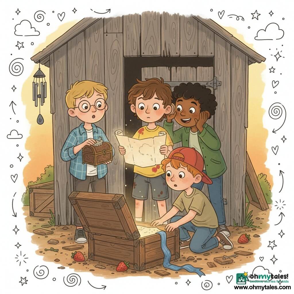 Four boys around 8 years old discover a softly vibrating map behind their grandmother’s wooden shed: Milo, tousled brown hair, stained yellow t‑shirt, scraped knees, holds the rolled map at the center with an awed look; Jasper, short blond hair and round glasses in a blue plaid shirt, dusts an old wooden box to Milo’s left, eyebrow raised; Theo, curly black hair in a green jacket, leans in to Milo’s right with his ear close to the map and a mischievous smile; Ben, red hair, freckles and a red baseball cap worn backwards, plucks a blue ribbon hanging from the map, slightly forward of the group. The dirt floor is strewn with wood chips and crushed strawberries; cracked shed boards, a small wooden box tucked under a plank and a metal wind chime swaying in the breeze set the scene, with warm sunset light and simple doodles (stars, arrows, a smiling moon) emphasizing a magical, childlike atmosphere.