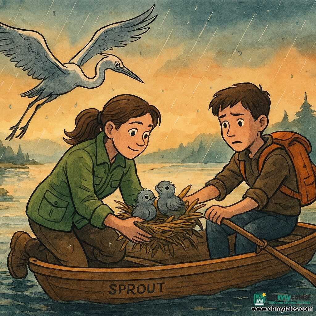 Mara is an explorer woman with a determined, gentle face, bright eyes and chestnut hair in a ponytail, wearing a green pocketed jacket and muddy boots, kneeling in a small wooden boat named Sprout, gently pulling a reed nest toward the shore; Timo is a worried but focused 12-year-old boy ranger with short hair and an orange backpack, rowing the boat with one hand and ready to help with the other; two fluffy gray chicks cry in the wet reed nest while a large silver egret hovers above with outstretched wings, watching anxiously; the scene is a quiet rescue at a lakeshore at dusk during a brief storm—dark water with glints of light, small spruce islets, tall grasses, floating orange buoys, light mist and rain, gentle waves and wind, and a tense yet protective atmosphere.