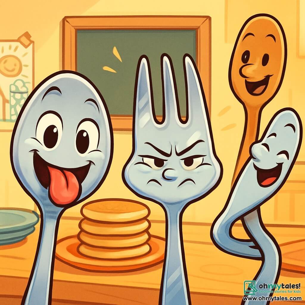 A small shiny metal spoon, Sammy, with a big mischievous smile and sparkling eyes, is making a face and sticking out his tongue, his cheeks round and colorful. Next to him, his sister Sally, an elegant fork with shiny tines, squints while making a funny pout, her expression full of determination and joy. A little further back, Finn, a butter knife with a soft blade and an amused look, bends his handle into a comical shape, laughing at the situation. 

The scene takes place in a warm kitchen filled with golden light, featuring a large wooden table, colorful plates, and stacks of pancakes rising like delicious mountains. The walls are decorated with children's drawings and cheerful flower pots. 

The three characters are in a competition to see who can make the funniest face, each trying to outdo the other with hilarious expressions, while their mother, a smiling spatula, watches them laughing, adding a touch of family warmth to this amusing scene.