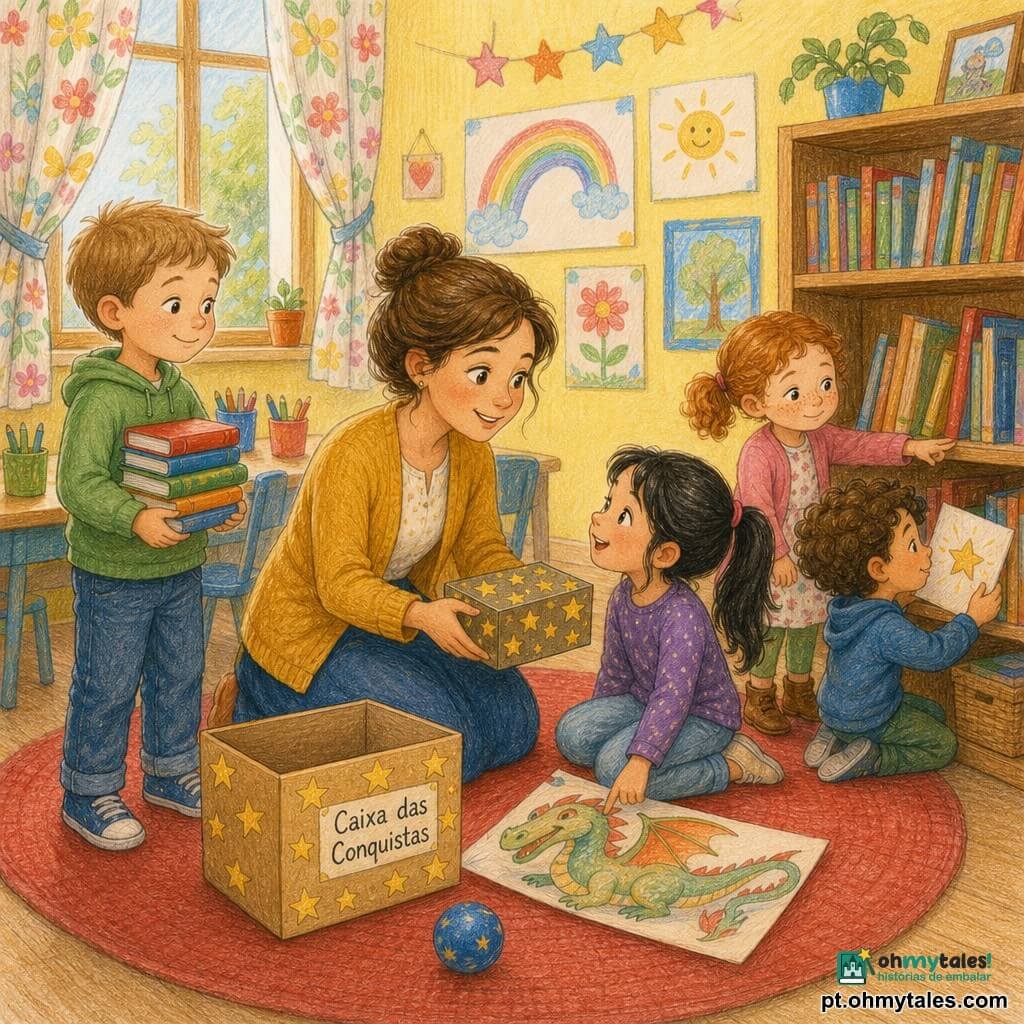 Uma professora sorridente e gentil, cabelo castanho apanhado em coque, veste colete mostarda e saia azul, ajoelhada a entregar uma pequena caixa com estrelas douradas; Tomás, menino ~6 anos, cabelo curto castanho, orgulhoso, à esquerda segurando uma pilha de livros; Lara, menina ~6 anos, cabelo preto apanhado em rabo de cavalo, maravilhada, acariciando um desenho de dragão, à direita sentada no tapete; Miguel, menino ~6 anos, cabelos encaracolados, concentrado, ajoelhado junto a uma estante a mostrar um papel encontrado atrás de um grande livro; Joana, menina ~5 anos, sardas, tímida, apontando o papel, ligeiramente atrás; sala luminosa com paredes amarelo pastel, grande estante de madeira cheia de livros, tapete redondo vermelho, janela com cortinas florais, mesas baixas com potes de lápis multicoloridos e uma caixa de cartão etiquetada Caixa das Conquistas coberta de estrelas douradas; a cena mostra as crianças em círculo pequeno à volta da professora com a caixa, a descoberta do papel atrás da estante e uma pequena bola azul no tapete simbolizando a "torre da fala".
