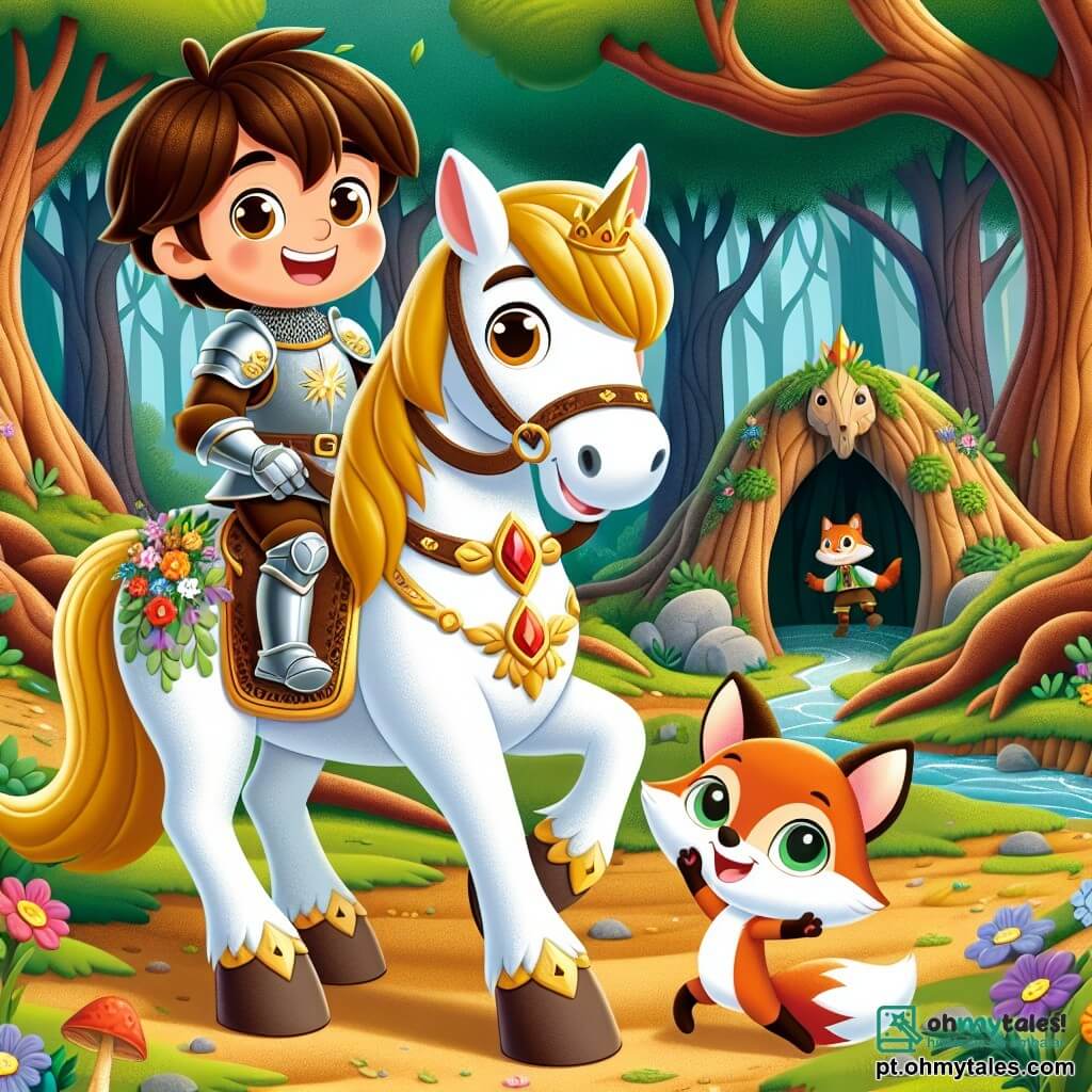 Um cavaleiro corajoso, Sir Lúcio, um jovem de cabelos castanhos e olhos brilhantes, está orgulhosamente montado em seu cavalo, Estrela, um magnífico cavalo branco com crinas douradas. Sir Lúcio veste uma armadura brilhante decorada com padrões de flores e um grande sorriso no rosto, demonstrando sua determinação e alegria. Ao seu lado, Tica, uma pequena raposa de olhos vivos e pelagem ruiva, pula de felicidade, com as orelhas em pé, expressando sua alegria por estar com seu novo amigo. A cena acontece na Floresta Misteriosa, onde grandes árvores com troncos retorcidos se elevam em direção ao céu, suas folhas verdes filtrando a luz do sol. Flores coloridas enfeitam o chão, e um pequeno riacho brilha nas proximidades, acrescentando um toque de magia ao ambiente. Sir Lúcio e Tica estão diante da entrada de uma caverna escura e misteriosa, onde um tesouro cintilante os aguarda. A atmosfera está cheia de excitação e aventura, enquanto se preparam para descobrir o segredo escondido dentro da caverna.