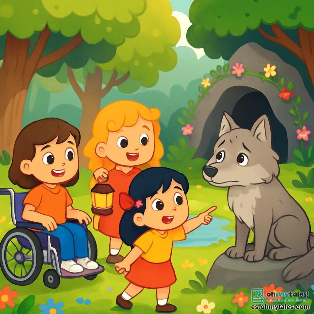 Hay 4 personajes: - Carmen: una niña de 8 años, con cabello castaño y ojos brillantes. Está sentada en una silla de ruedas brillante, sonriente y llena de coraje. - Ana: una niña de 7 años, con cabello dorado rizado y una gran sonrisa. Está de pie junto a Carmen, sosteniendo una pequeña linterna. - Lucía: una niña de 8 años, con cabello negro y un bonito lazo rojo. Está un poco adelante, señalando la caverna misteriosa. - El lobo: un gran lobo de pelaje gris plateado, con ojos dulces y tristes. Está sentado sobre una roca, mirando a las niñas con curiosidad. El lugar se desarrolla en un claro encantado, rodeado de grandes árboles con hojas verdes brillantes. El suelo está cubierto de flores coloridas, y en el centro, una fuente de agua clara brilla bajo el sol. Al fondo, se alza una caverna oscura y misteriosa, adornada con flores silvestres. La situación principal muestra a los cuatro personajes encontrándose en el claro. Las niñas, con expresiones de emoción y curiosidad, se acercan al lobo que las observa con una mezcla de sorpresa y amabilidad. Los rayos del sol filtran a través de los árboles, creando una atmósfera mágica y acogedora.