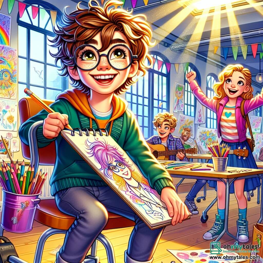 A 12-year-old boy, Ryan, with messy brown hair and round glasses, is sitting on a wheeled chair, a big smile on his face. He holds an open sketchpad on his lap, his eyes shining with excitement as he draws with bright colored pencils. Next to him, an 11-year-old girl, Mia, with curly hair and pink glasses, watches Ryan's drawing attentively, an encouraging smile on her lips. A 12-year-old boy, Leo, wearing a baseball cap and with a guitar slung on his back, stands behind them, clapping to the rhythm of the music he is creating. The setting is a bright community center room, decorated with colorful drawings on the walls and tables filled with art supplies. Sun rays filter through the windows, bathing the space in a warm glow. The main scene shows Ryan, Mia, and Leo collaborating on an art project, surrounded by enthusiastic peers, all immersed in a moment of joyful creativity and camaraderie.