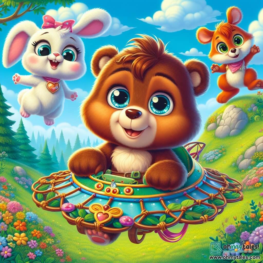In the center of the image, Benny, a small brown bear with sparkling eyes and soft fur, is sitting in a colorful flying machine made of branches and leaves. He has an expression of joy mixed with a hint of nervousness, his paws stretched towards the sky, ready to take off. To his right, Lily, a small white rabbit with large ears and an encouraging smile, jumps enthusiastically, her eyes shining with pride. She wears a small pink bow on her head and seems ready to cheer him on. To the left, Max, a red squirrel with silky fur and a bushy tail, climbs on a rock, arms raised in support, with a determined and joyful look. The setting is a green hill dotted with colorful flowers, under a bright blue sky with fluffy clouds. In the background, majestic trees stand tall, creating an atmosphere of magic and adventure. The scene captures the moment when Benny, with his friends, is preparing to try flying for the first time, illustrating self-confidence and the importance of friendship.