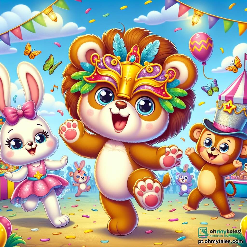 Um adorável ursinho de pelúcia chamado Biscoito, com pelagem marrom macia e olhos brilhantes de alegria, dança entusiasticamente no meio de um carnaval colorido, usando uma magnífica máscara de leão. Ao seu lado, uma coelhinha charmosa chamada Lila, com grandes orelhas e um laço rosa na cabeça, sorri enquanto bate asas de borboleta multicoloridas. Um alegre macaquinho chamado João, vestido com uma capa de mágico brilhante, faz gestos divertidos para entreter a multidão. O cenário está cheio de confetes flutuantes, balões coloridos e barracas de guloseimas, sob um céu azul radiante. A cena mostra Biscoito, Lila e João dançando alegremente, cercados de risos e cores, celebrando juntos a magia do carnaval.