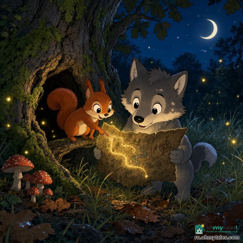 Un pui de lup pe nume Lupuț, față rotundă, ochi mari, blană gri cu pete albe, curios și uimit, ține la piept o hartă din scoarță cu linii sclipitoare ca praf de stele; lângă el o veveriță mică cu coadă pufoasă roșcată, ochi vioi, stă pe o ramură joasă și arată cu degetul un drum pe hartă; în depărtare se vede trunchiul unui stejar gol unde a fost găsită harta, acoperit cu mușchi verde, iarbă uscată, frunze umede și ciuperci roșii cu buline albe la bază; decorul e o poiană nocturnă cu o lună subțire în semilună, reflexe argintii pe iarbă, licurici galbeni plutind și umbre blânde ale copacilor; scena surprinde descoperirea hărții comorii de către Lupuț în crăpătura stejarului bătrân, cu o atmosferă magică și ușor tensionată, harta scânteind ușor auriu.