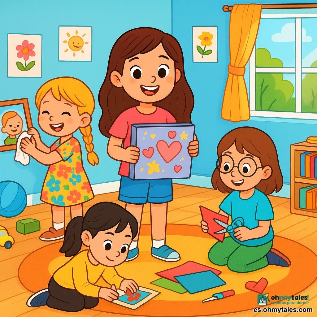 Hay 4 niños: - Lucía: una niña de 8 años, con cabello largo castaño y ojos brillantes. Lleva una camiseta rosa y un short de mezclilla. Está de pie en el centro, sosteniendo un álbum decorado con corazones y estrellas. - Martina: una niña de 7 años, con trenzas rubias y una sonrisa radiante. Lleva un vestido de flores coloridas. Está a la izquierda de Lucía, limpiando un marco de foto con un paño. - Valentina: una niña de 8 años, con cabello castaño y gafas redondas. Lleva una camiseta azul y pantalones verdes. Está a la derecha de Lucía, recortando cartulina para el regalo. - Ana: una niña de 7 años, con cabello negro y dos coletas. Lleva un suéter amarillo y leggings negros. Está sentada en el suelo, concentrada en reparar una foto antigua con pegamento. La escena principal ocurre en una habitación infantil luminosa y acogedora, con paredes pintadas de azul claro y dibujos coloridos. Una gran ventana deja entrar la luz del sol, iluminando el suelo de madera. En el centro, una alfombra suave está rodeada de juguetes esparcidos y una estantería llena de libros. La situación muestra a los cuatro niños preparando un regalo sorpresa para el padre de Lucía, riendo y ayudándose mutuamente, rodeados de materiales de arte: tijeras, pegamento y papeles de colores. Lucía, con una gran sonrisa, presenta orgullosamente el álbum lleno de recuerdos y dibujos, mientras sus amigas la animan con entusiasmo.