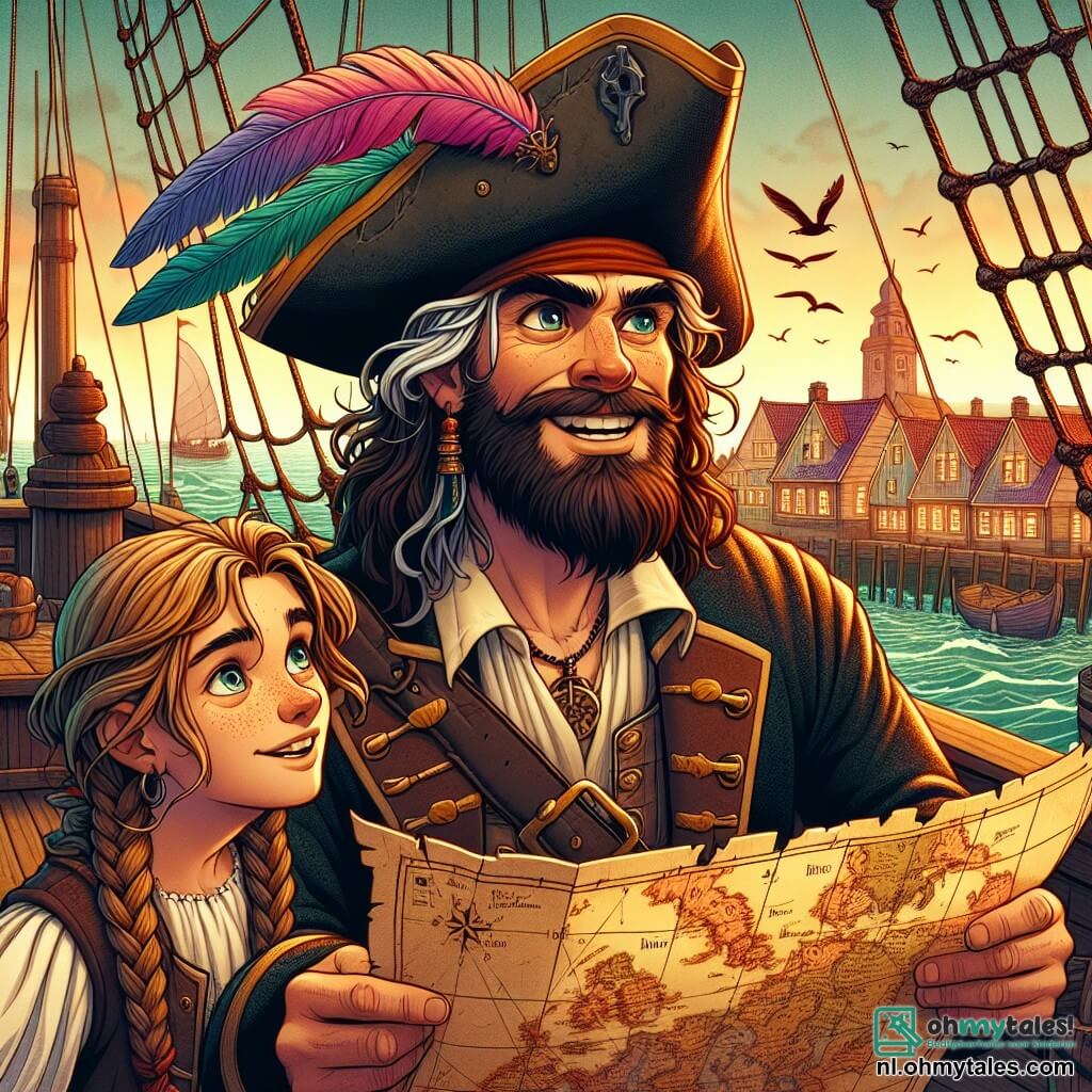 Een man, kapitein Bram, staat op het dek van zijn schip, de Stormvogel. Hij heeft een warrige bruine baard en draagt een piratenhoed versierd met gekleurde veren. Zijn gezicht straalt opwinding en avontuur uit, met nieuwsgierige ogen. Hij houdt een oude kaart in zijn handen en speurt de horizon af. Naast hem staat Lieve Lina, een 12-jarig meisje en zijn eerste matroos. Ze heeft lange, gevlochten blonde haren en draagt een versleten leren vest. Ze kijkt met een enthousiaste glimlach naar de kaart, klaar voor avontuur. De achtergrond toont een prachtige haven bij zonsondergang, met witte zeilen die in de wind wapperen en kleurrijke houten huizen aan de kust. Meeuwen vliegen boven hen, wat leven toevoegt aan de sfeer. De hoofdscène laat Bram en Lina zien die hun reis naar het mysterieuze ‘Hart de la Zee’ plannen, omringd door schatkisten en touwen, terwijl dreigende schaduwen op de achtergrond suggereren dat vijanden hen in de gaten houden.