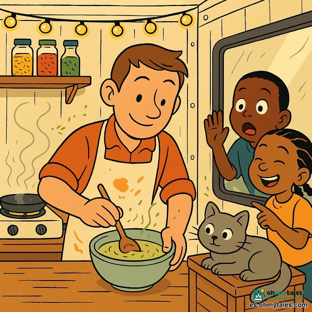 Mateo, hombre sonriente y concentrado de pelo corto y delantal con manchas naranjas, prepara una cremosa salsa verde en un bol en el centro de una pequeña cocina, removiendo con manos rápidas y precisas; el gato gris Nube está sobre una caja junto a la encimera observando la cuchara; un niño de unos 7 años mira sorprendido por la ventana con la nariz pegada al cristal y una niña de unos 6, con trenzas, ríe y señala la salsa; el contenedor-cocina es cálido, con paredes metálicas crema, estantes con frascos de especias, una placa eléctrica humeante y guirnaldas de luces amarillas; la escena es íntima, colorida y llena de aromas, con vapor ligero y hojas de cilantro.
