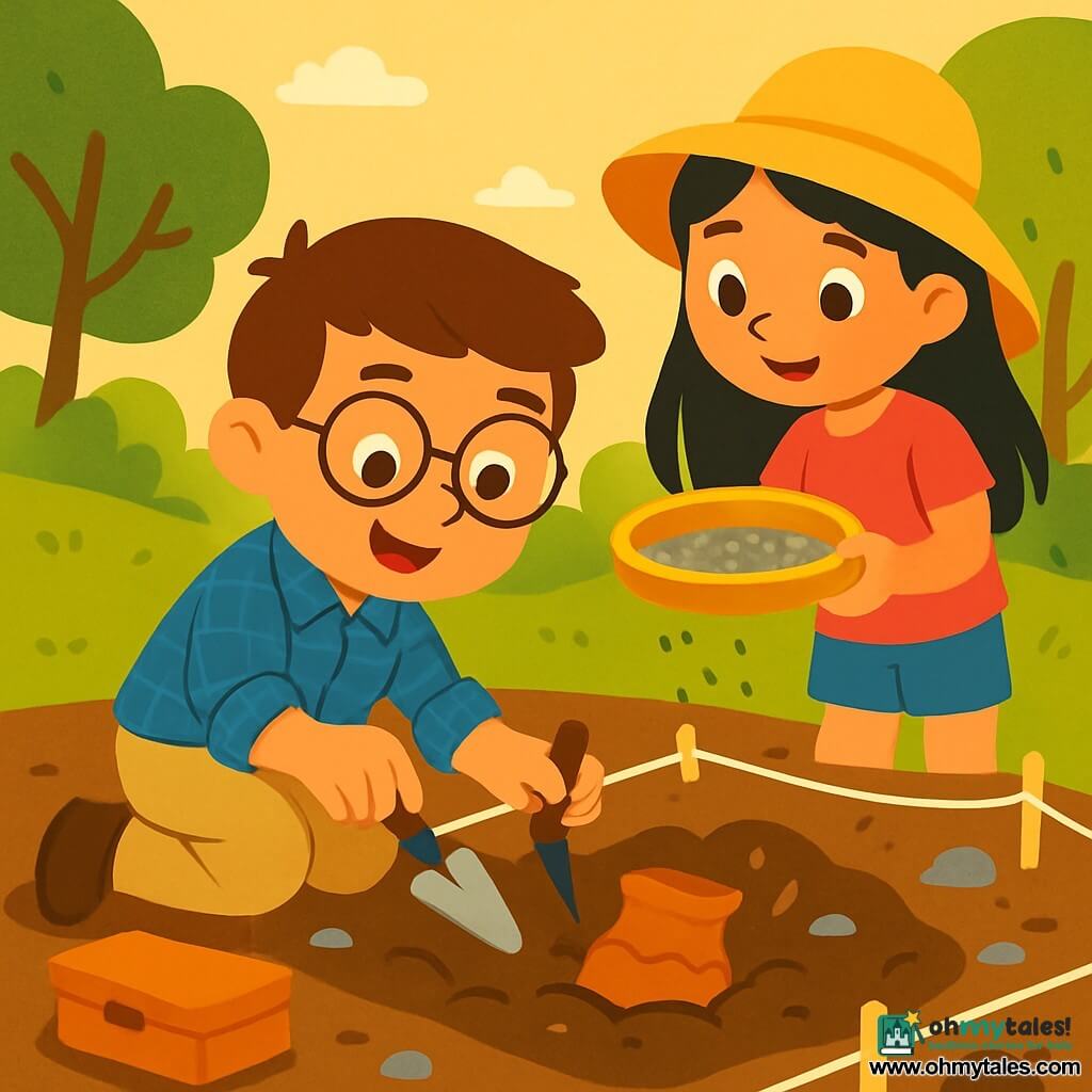 A young archaeologist, Leo, is crouched on brown earth, with a look of wonder on his face. He has brown hair, round glasses, and wears a blue checkered shirt and beige pants. He is gently holding a small brush and a trowel, uncovering an ancient object buried in the ground. Next to him, Maya, a 10-year-old girl with long black hair wearing a sun hat, is holding a sieve, curiously observing the small bouncing seeds. She stands slightly back but leans in to see what Leo has found. The scene takes place on a green hill, bathed in golden sunlight, surrounded by leafy trees. The ground is dotted with small stones and roots, and white strings outline excavation squares. The main focus shows Leo carefully uncovering a fragile piece of pottery surrounded by dirt, while Maya encourages him with a smile. The atmosphere is calm and joyful, filled with excitement for the treasures of the past.