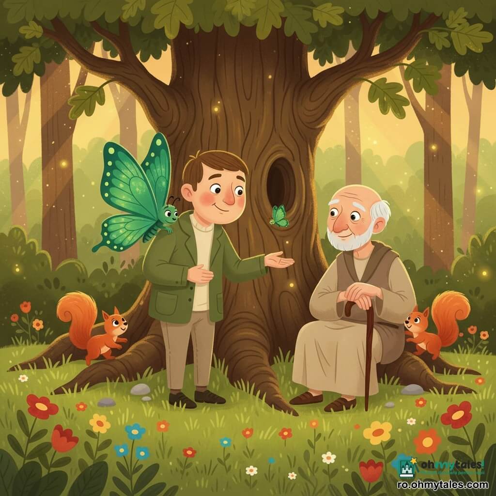 Andrei, bărbat cu faţă rotundă, ochi strălucitori şi păr scurt castaniu, zâmbind uşor şi întinzând mâna spre un fluture verde-smarald aşezat pe umărul drept, iar lângă ei, un bătrân în robă maroniu deschis, cu faţa ridată şi păr alb, şezând sprijinit de un stejar mare şi privind binevoitor, două veveriţe roşcate jucându-se pe rădăcini; scena are loc într-o poiană de pădure la amurg, iarbă moale, flori multicolore şi licurici, atmosferă caldă şi magică, paletă de culori verzi, aurii şi brune.