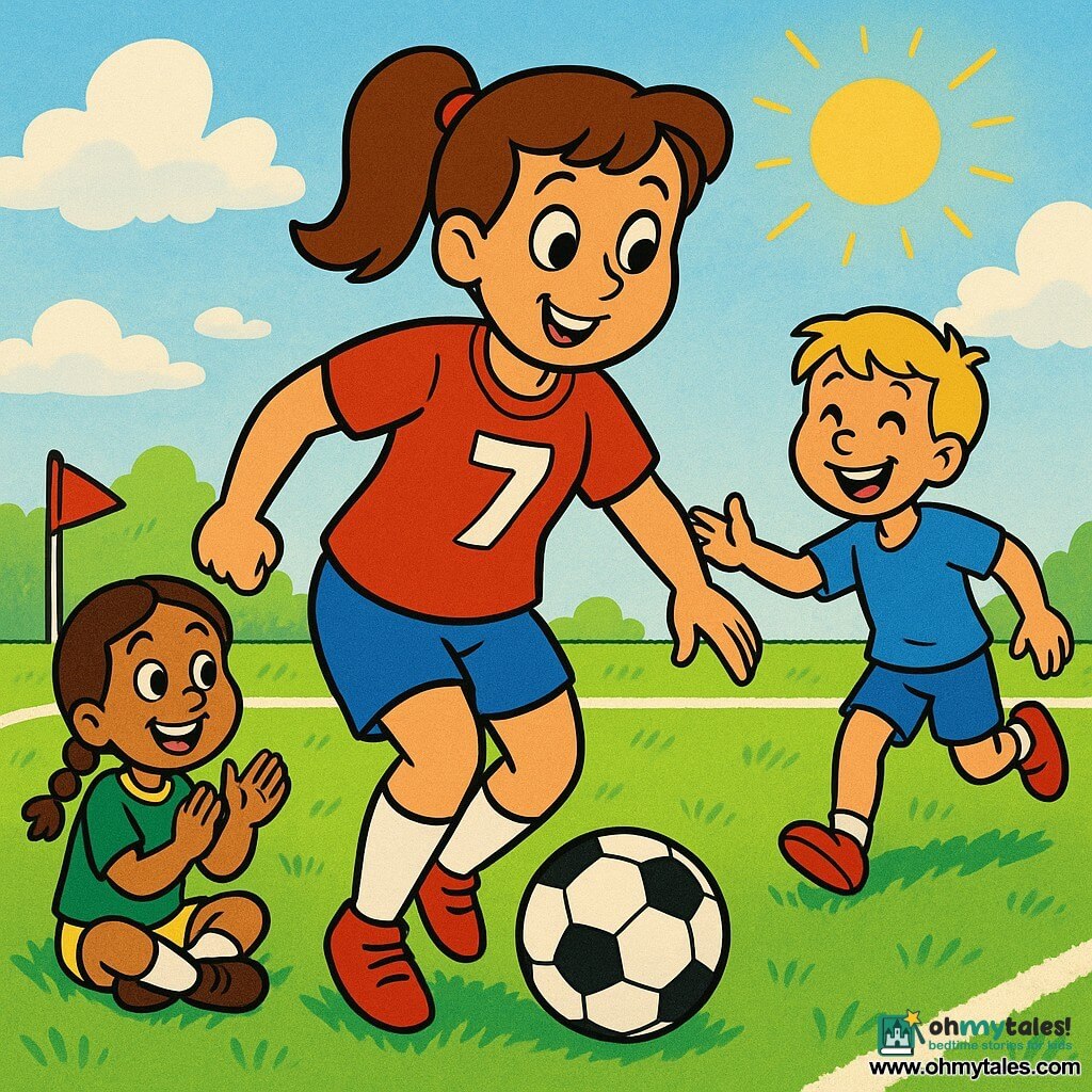A smiling young woman (about 20–25) with brown hair in a ponytail, round face and bright eyes, wearing a red short-sleeve jersey with a large white number, dribbles a black-and-white soccer ball on vivid green grass in a dynamic, gentle pose; to her right a laughing blond boy (about 8) in blue shorts runs and reaches for a pass, and to the left a 7-year-old girl with braids in a green jersey sits on the grass clapping with a wide smile; the pitch has crisp white lines and small red corner flags, a light blue sky with fluffy clouds and warm sun in the background, capturing a cheerful, fair-play team moment in bright, high-contrast colors with thick black outlines, simple smooth textures, and a soft, welcoming atmosphere suitable for young children.