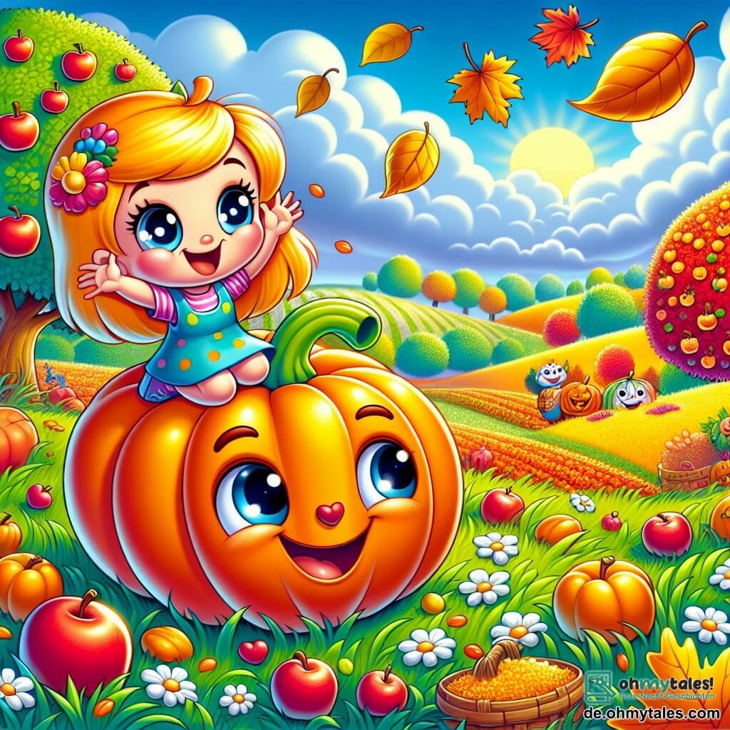 Ein kleiner und fröhlicher Kürbis namens Pipo, mit einem lächelnden Gesicht, großen runden Augen und einer leuchtend orangefarbenen Haut, rollt fröhlich über das grüne Gras, umgeben von bunten Herbstblättern. Neben ihm springt eine kleine Kürbisdame namens Lina, mit gelben Flecken und einem strahlenden Lächeln, voller Begeisterung in die Luft. Im Hintergrund ist eine weite Herbstwiese mit Apfelbäumen, die mit roten Früchten beladen sind, und Nester aus goldenen Blättern, unter einem hellblauen Himmel mit weißen, bauschigen Wolken. Die Szene zeigt den Moment, in dem Pipo und Lina voller Aufregung und Kameradschaft dabei sind, die Früchte für das große Erntedankfest zu sammeln.