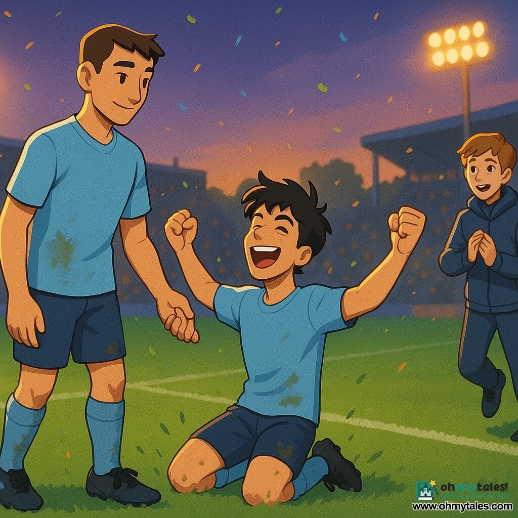 Milo (about 26) calm face and restrained smile, standing tall with short brown hair and a slightly muddy sky-blue jersey, reaching a hand to help Rafi up at the center of the pitch after a winning goal; Rafi (about 22) jubilant and exuberant, messy black hair, sky-blue jersey, rising from a knee with arms raised and grass splatters on his thighs; Eli (about 18) shy substitute turned happy, chestnut hair, training jacket, clutching a small leaf or tactical card, running toward the group with an admiring look at Milo; Coach Lina (about 40) assured and kind, short haircut, coach jacket, standing near the touchline clapping; illuminated stadium at dusk, wet green pitch with crisp white lines, blurred full stands, yellow and blue floodlights, confetti and grass in the air, warm vibrant atmosphere; main scene: collective celebration after a winning goal showing respect and solidarity, composition centered on Milo offering his hand, dynamic frozen movement, saturated colors, soft shadows, 3D cartoon cel-shaded render, slight high-angle capturing the group and stands.