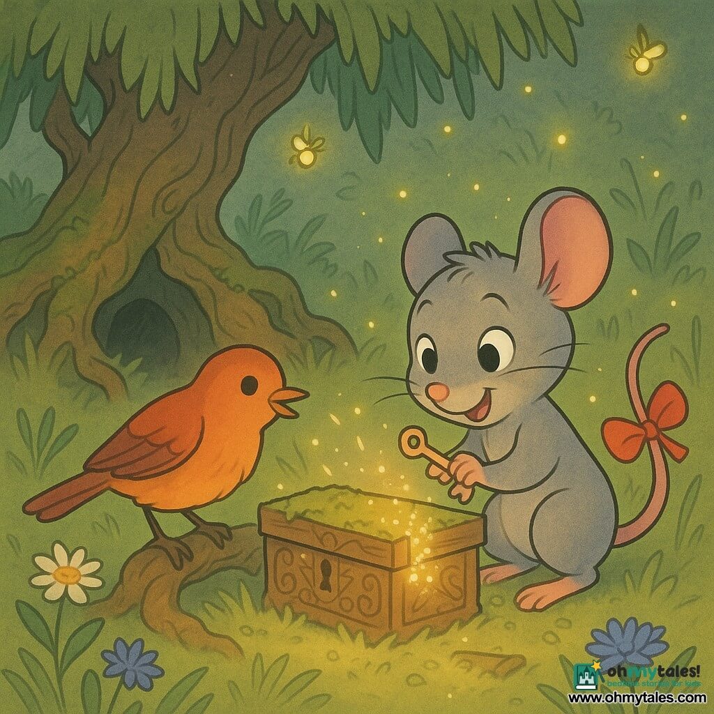 A small anthropomorphic gray mouse with bright round eyes and pink ears smiles bravely while holding a tiny key; it has a red ribbon tied to its tail and crouches before a moss-covered wooden box. An orange-red tit perches on a nearby root, curious and cheerful, tilting its head and pointing at the box. Golden fireflies drift around, casting a soft glow on the mouse’s face and the box’s carvings. The scene is set in a meadow beneath a large willow with twisted, mossy roots, tall grass and wildflowers, a dark tunnel between the roots in the background; the key has just been inserted and the box is opening slowly, releasing sparks and small shining objects, capturing joy, wonder and companionship.