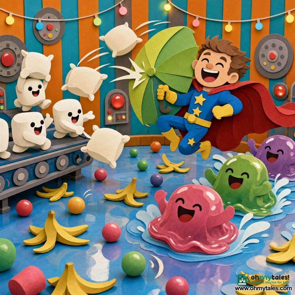 A joyful, round-faced superhero with squinting laughing eyes, wearing a bright blue costume with yellow stars and a red swirling cape, leaps with bent legs and tousled brown hair while holding an apple-green umbrella-shield to deflect flying pillows launched by chubby white marshmallow creatures from a small conveyor; translucent colorful jelly blobs slide and giggle to the right, the shiny floor is slippery with banana peels and bouncy rubber balls, and the scene takes place in the Silly Training Room with orange-and-turquoise striped walls, string lights, round mechanical panels and flashing red buttons.