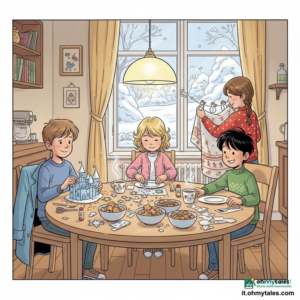 Quattro bambini in una cucina accogliente decorano una tavola di legno per un pranzo invernale: Luca, circa 9 anni, capelli castani corti, giubbotto azzurro sulla sedia, sorride timidamente mentre incolla paillettes su una piccola scena di carta a sinistra; Sofia, circa 9 anni, capelli castani in treccia, maglione rosso a pois bianchi, regge una tovaglia decorata e sistema una ghirlanda di carta in fondo a destra vicino alla finestra; Marco, circa 8 anni, capelli neri scompigliati, maglione verde, sistema piatti e posate ridendo a destra del tavolo; Giulia, circa 8 anni, capelli biondi ricci, gilet rosa, incolla fiocchi di carta e versa paillettes argentate seduta di fronte a Luca; attraverso una grande finestra gelata si vede un giardino innevato, tazze di cioccolata fumante e ciotole di biscotti sulla tavola illuminate da una luce calda, mentre decorazioni in carta e cartoncini colorati sono sparsi intorno.
