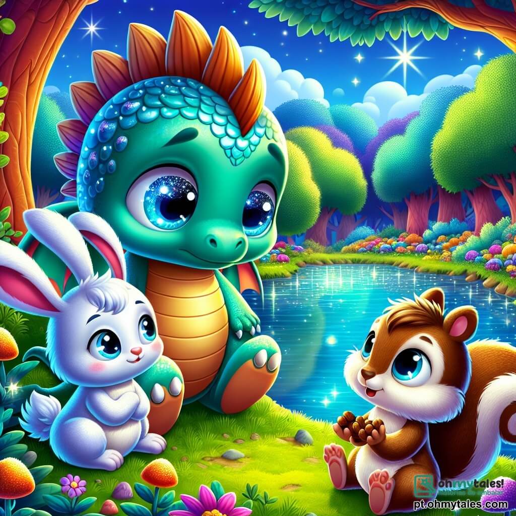 Um pequeno dragão chamado Lumin, com escamas brilhantes de cor turquesa e olhos cintilantes como estrelas, está à beira de um lago, parecendo preocupado e curioso, observando seus amigos. Ao seu lado, uma coelhinha chamada Fifi, com pelagem macia e branca, grandes orelhas e um sorriso encorajador, o escuta atentamente, sentada na grama verde. Um esquilo chamado Tico, com pelagem marrom e uma pequena cauda peluda, parece nervoso, com as patas cruzadas, tentando confessar que perdeu suas nozes. A cena acontece em uma floresta mágica, com árvores de troncos coloridos e folhas cintilantes, um céu azul claro e flores vibrantes ao redor. O momento principal mostra Lumin, Fifi e Tico conversando à beira do lago, onde reflexos de luz dançam na água, ilustrando a hesitação de Tico em contar a verdade aos amigos.