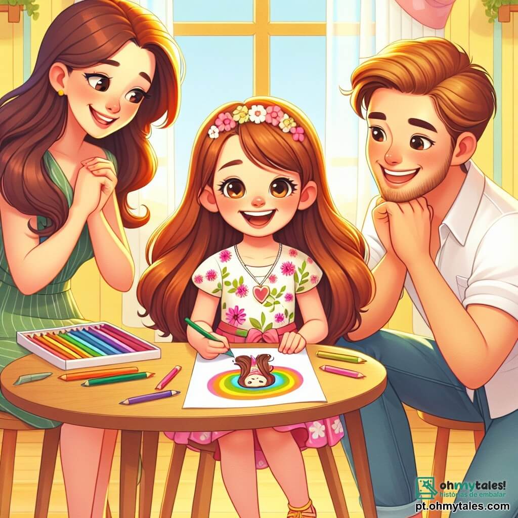 Uma menina de 8 anos, Sofia, com longos cabelos castanhos e olhos brilhantes, está no centro do palco, com um grande sorriso no rosto, segurando um desenho colorido que representa sua família feliz. Ela usa um vestido florido e sandálias, radiante de emoção e alegria. À sua esquerda, sua mãe, uma mulher de cerca de 30 anos, com cabelos castanhos e olhos suaves, se inclina em direção a Sofia, admirando o desenho com um olhar ternura, com os braços cruzados sobre o peito. À direita, seu pai, um homem de cerca de 32 anos, com uma barba leve e óculos, sorri calorosamente, agachando-se para ficar na altura da filha, com as mãos sobre os joelhos. A cena ocorre em uma cozinha iluminada, com paredes pintadas de amarelo pastel, uma grande janela deixando entrar a luz do sol, e uma mesa de madeira onde estão dispostos lápis de cor e folhas de papel. A situação principal mostra Sofia compartilhando seu desenho com os pais, criando um momento de conexão e amor familiar, onde ela expressa seus sentimentos e mostra o quanto a felicidade deles juntos é importante para ela.