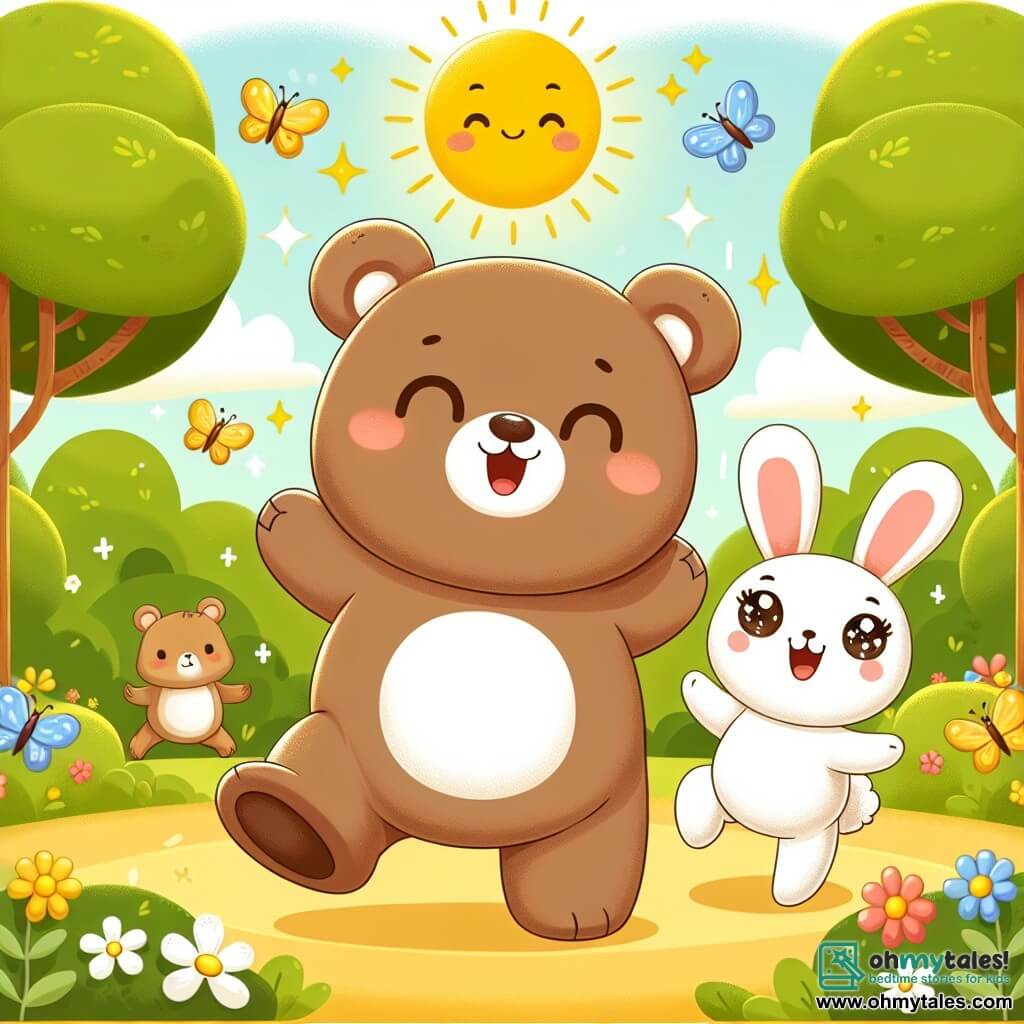 An illustration depicts a teddy bear and a boy with bright eyes and soft brown fur joyfully dancing in the center of a forest scene. He has a big smile on his face, showing his confidence and happiness. Next to him is a small bunny with large ears and white fur, hopping enthusiastically. She has sparkling eyes and a radiant smile, expressing her newfound self-confidence. In the background, the scene takes place in a sunny clearing surrounded by majestic trees with vibrant green leaves. Colorful flowers dot the ground, adding a touch of magic to the environment. The main situation shows the bear and the bunny performing in a talent show, with animal friends applauding and cheering around them. Additional graphic elements include butterflies fluttering around, birds singing in the trees, and flower garlands hanging, creating a festive and joyful atmosphere.