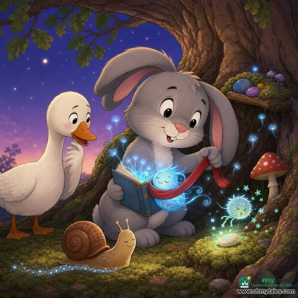 Main character: a soft gray rabbit with droopy ears and a twitching nose, joyful proud face, holding a tiny dusty pale-blue book that emits small blue sparks while wrapping a thin red ribbon-scarf around them; secondary characters: a plump white goose to the left with smooth feathers and a curious half-open beak nodding as if asking if all is well, and a tiny brown snail on the mossy foreground with a shiny shell leaving a sparkling trail; other animated detail: pale blue dandelion-like sparks drift from the book, some sneeze and send mint-green star confetti landing on a glowing pebble; setting: beneath a twisted oak with moss-covered roots, a small moss shelf with colorful stones and a red polka-dot mushroom, twilight sky with pale stars, warm felted pastel atmosphere; main situation: the rabbit tucks a smiling little spell to sleep, which drifts into blue swirls in a tender, humorous scene with soft lighting and plush textures.