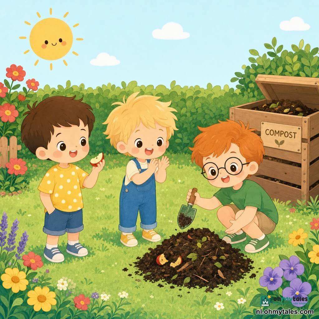 Drie kinderen in een zonnig tuinhoekje vormen een cirkeltje rond een klein donkerbruin composthoopje: Sam (6) links met kort bruin haar en geel shirt met witte stippen houdt een stukje appel en lacht, Tijn (5) in het midden met warrig blond haar en een blauwe tuinbroek klapt van vreugde en Loek (7) rechts met rood haar en ronde bril en een groen shirt hurkt iets en toont met een mini-schepje het composthoopje; groene grasmat, lage haag, lichtbruin houten compostbakje, wat rode, gele en paarse bloemen en een bleekblauwe lucht met een glimlachende zon, losse bladeren en appelstukjes op het hoopje, vrolijke nieuwsgierige gezichten, warme sfeer, zachte kleuren en eenvoudige kawaii-stijl.