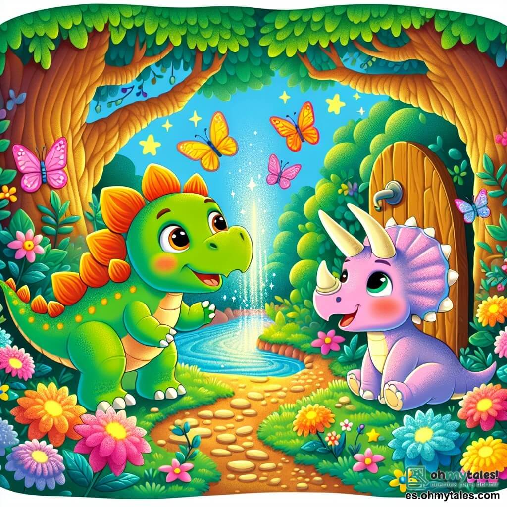 Un pequeño estegosaurio llamado Tito, con un cuerpo verde y espinas naranjas en la espalda, expresa gran curiosidad y asombro al descubrir una puerta secreta detrás de un gran árbol. A su lado está Lila, un triceratops con tres cuernos, con piel rosa y ojos brillantes, que sonríe alegremente e invita a Tito a entrar en el jardín mágico. El lugar es un jardín encantado, lleno de flores luminosas de colores vivos, mariposas multicolores que vuelan alrededor y un pequeño arroyo brillante que canta suavemente. La escena principal muestra a Tito y Lila, mano a pata, listos para explorar juntos este mundo maravilloso, rodeados de magia y alegría.