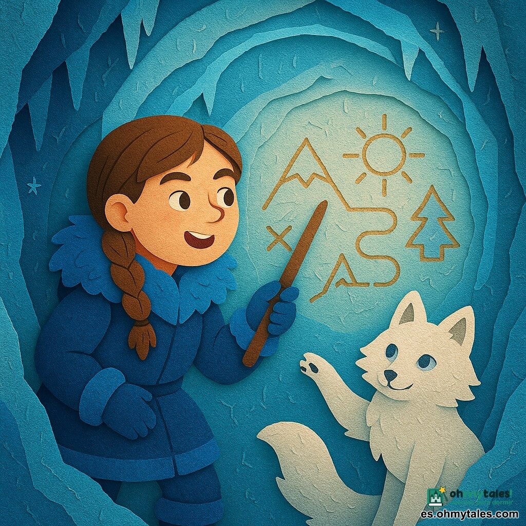 Elena, exploradora mujer, rostro decidido y sonriente, cabello castaño trenzado, abrigo de piel azul oscuro, guantes, sostiene un bastón de madera y señala un antiguo mapa grabado en la pared de hielo; a su lado un zorro ártico blanco de pelaje esponjoso y ojos gris azulado, con una pata levantada como indicando el camino; la cueva de hielo, iluminada por un halo azul translúcido con paredes estriadas de cristales, estalactitas brillantes, reflejos turquesa y pequeñas fisuras plateadas; en la pared central un gran mapa grabado con líneas doradas y azules que muestra un meandro sinuoso y símbolos en relieve de aspecto antiguo y mágico; escena principal: descubrimiento maravillado en el corazón de la cueva, luz fría y contrastes marcados, texturas de papel recortado visibles, sombras suaves y colores vivos.
