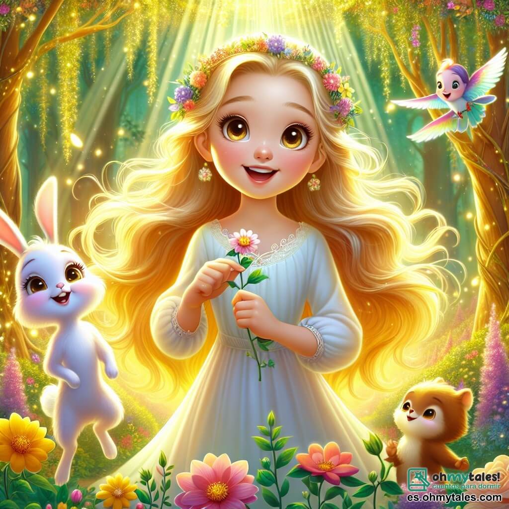 La Bella Durmiente, una joven de unos 15 años, es representada con una piel suave como la seda y un cabello dorado brillante, flotando a su alrededor como rayos de sol. Tiene una mirada decidida y alegre, sosteniendo una pequeña flor en su mano, rodeada de un jardín mágico en plena floración. A su lado, Timo, un pequeño conejo de grandes orejas y pelaje blanco, salta alegremente, con ojos llenos de curiosidad. Lila, un pájaro de plumas coloridas, se posa en el hombro de Aurora, cantando una melodía dulce y pegajosa. El lugar es un jardín encantado, lleno de flores de colores vibrantes, grandes árboles con hojas verdes brillantes y una luz dorada filtrándose a través de las ramas, creando una atmósfera mágica y serena. La situación principal muestra a Aurora, Timo y Lila unidos, tomándose de las manos y a punto de enfrentar la maldición de la malvada hada, con un aura de coraje y determinación que ilumina el jardín a su alrededor.