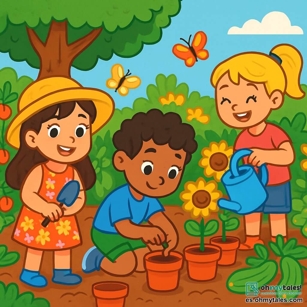 Hay 3 personajes: - Sofía: una niña de 6 años con largos cabellos castaños y ojos brillantes. Lleva un bonito vestido de flores y un sombrero de paja. Sonríe mientras sostiene una pequeña pala en sus manos. - Pablo: un niño de 6 años con cabello negro y rizado. Lleva una camiseta azul y un short verde. Está agachado, plantando una semilla en una pequeña maceta de tierra. - Lucía: una niña de 6 años con cabello rubio y una coleta. Lleva una camiseta rosa y un short de mezclilla. Riega las plantas con una regadera, de pie junto a Sofía. El lugar es un jardín comunitario vibrante y colorido, lleno de hileras de tomates rojos, calabacines verdes y flores amarillas brillantes. Mariposas vuelan alrededor de las plantas, y un gran árbol ofrece un rincón fresco. El suelo está cubierto de tierra marrón y los niños están rodeados de macetas y vegetación exuberante. La situación principal muestra a los tres amigos plantando semillas de girasol en macetas, riendo y divirtiéndose juntos bajo el sol de verano, creando una atmósfera alegre y amistosa.