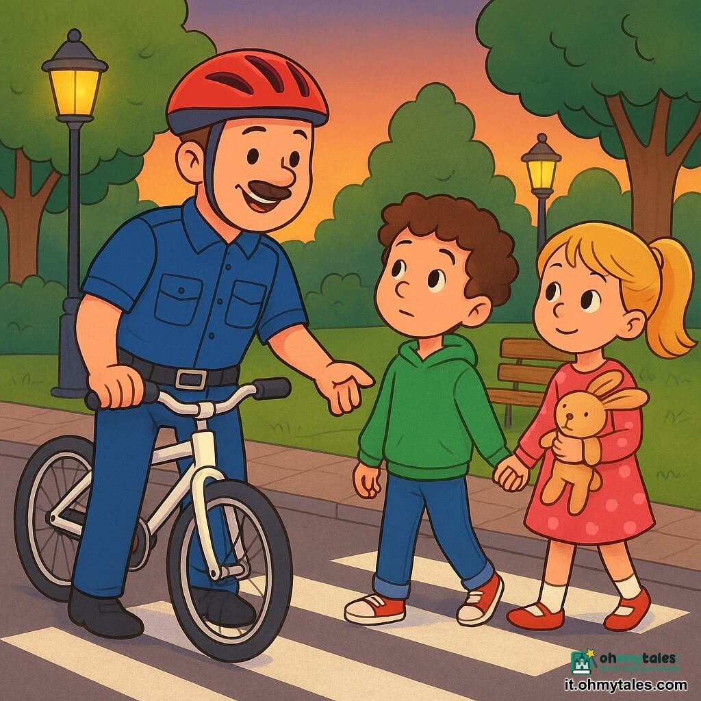 Un poliziotto sorridente e gentile sulla trentina, volto rotondo, pelle chiara, baffo sottile, uniforme blu vivace e casco da bici rosso lucido, che tiene il manubrio di una bicicletta bianca e indica delle strisce dipinte a terra; un ragazzo di circa 8 anni, capelli ricci castani, felpa verde, tiene la mano di un altro bambino e guarda il poliziotto, a destra della bici; una bambina di circa 7 anni, capelli biondi a coppie, vestito rosa a pois, stringe il suo pupazzo e segue la fila a sinistra del poliziotto; parco di una piccola città al crepuscolo: viale lastricato, lampioni gialli soffusi, alberi con foglie verdi, prato rasato e una panchina di legno dietro il gruppo; scena: esercizio di sicurezza, i bambini attraversano su false strisce bianche dipinte mentre il poliziotto li guida con gesti chiari e rassicuranti; colori caldi del tardo pomeriggio, linee nette ed espressioni dolci, estetica semplice e leggibile per i bambini.