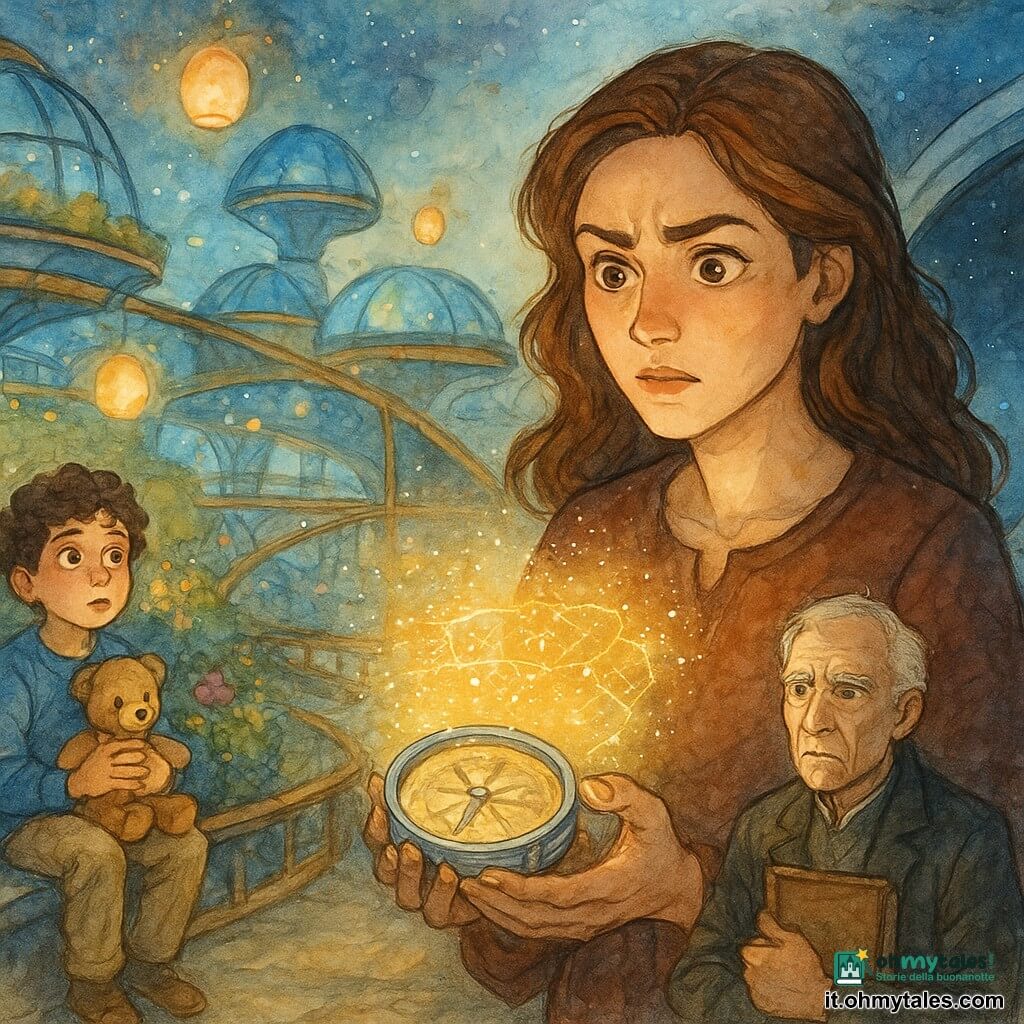 Liora, donna adulta, guarda una bussola luminosa con meraviglia e determinazione mentre ne tiene una versione argentata che proietta una mappa di polvere brillante e rune; alla sua destra, leggermente in disparte, il Maestro Ravel, uomo anziano (~70 anni) dal volto rugoso e capelli bianchi, la osserva preoccupato stringendo un vecchio taccuino; a sinistra, seduto in un giardino sospeso, un ragazzo di circa 9 anni dai capelli ricci abbraccia una peluche e guarda la scena; lo sfondo è la passerella di una città-nave rotante con cupole di vetro blu, passerelle metalliche ramate e giardini sospesi con fiori fosforescenti e lanterne flottanti, mentre una grande vetrata mostra in lontananza una scia d'ombra nello spazio; situazione principale: Liora attiva la bussola che proietta rune e sentieri luminosi, la luce tenue della mappa contrasta con l'ombra minacciosa esterna, atmosfera magica e urgente.