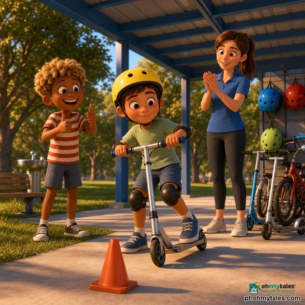 Três personagens: Tomás, menino de 9 anos, rosto redondo, cabelo castanho curto, camiseta verde-claro, short azul, capacete amarelo, segura uma trotinetta prateada e freia diante de um cone laranja no centro; Guilherme, menino de 9 anos, rosto com sardas ao sol, cabelo loiro despenteado, camiseta listrada vermelho e branco, à esquerda de Tomás na relva, sorrindo e fazendo joinha; Sara, mulher cerca de 25 anos, pele clara, cabelo castanho preso em rabo, polo azul de monitora, à direita de Tomás, ligeiramente atrás, aplaudindo com olhar benevolente. Local: sob um toldo largo azul apoiado em postes metálicos, chão de cimento claro, ao lado de uma área com trotinetes e bicicletas alinhadas e capacetes pendurados; ao fundo uma fileira de árvores verdes, um bebedouro metálico brilhante e um banco de madeira. Situação: cena de brincadeira de verão — Tomás aproxima-se devagar de um cone na trotinetta, Guilherme encoraja desde a relva e Sara aplaude na sombra do toldo; luz quente de fim de tarde, sombras longas, cores vivas, atmosfera de orgulho e serenidade.