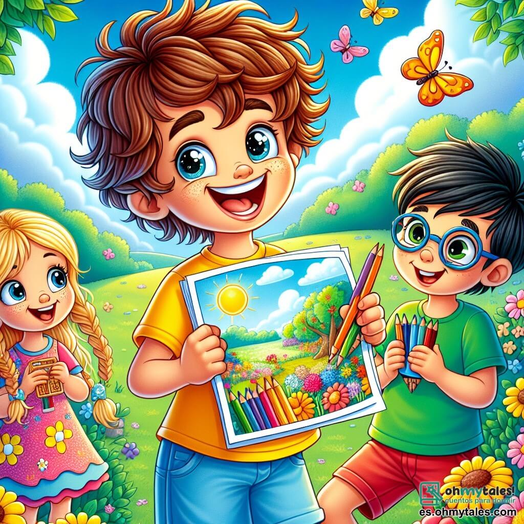 Un niño de 8 años, Lucas, con cabello castaño desordenado y ojos brillantes de alegría, se encuentra en el centro de la imagen, sonriendo mientras sostiene un dibujo colorido de un paisaje primaveral. Lleva una camiseta amarilla y un pantalón corto azul. A su derecha, Ana, una niña de 7 años con largas trenzas rubias y un vestido de flores, admira el dibujo de Lucas. A la izquierda, Tomás, un niño de 8 años con gafas y cabello negro, observa el dibujo mientras come una galleta. La escena tiene lugar en un parque soleado lleno de flores, árboles y un cielo azul con nubes blancas. Lucas, Ana y Tomás disfrutan de un momento alegre, celebrando su creatividad y amistad.