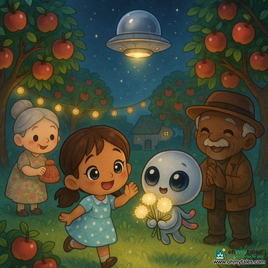 A smiling 10-year-old girl named Mila with slightly moist eyes, brown pigtails and a light blue polka-dot dress waves on tiptoe; the alien Zib, a small round silver body with large shiny eyes and four colorful arms, holds a bouquet of glowing dandelions and floats at her head height; an elderly Mr. Griggs (about 70) with a wrinkled face, gray mustache, brown cap and jacket stands to Mila’s right clapping and smiling; neighbor Mrs. Puddle (about 50) with gray hair in a bun and a floral dress offers Zib a small knitted hat from the background; the scene is a night apple orchard with red apples, yellow lantern garlands, dewy grass and stone cottages, a tender joyful farewell as Zib rises toward a small silver bubble ship glowing in the starry sky while villagers wave and laugh in warm lantern light.