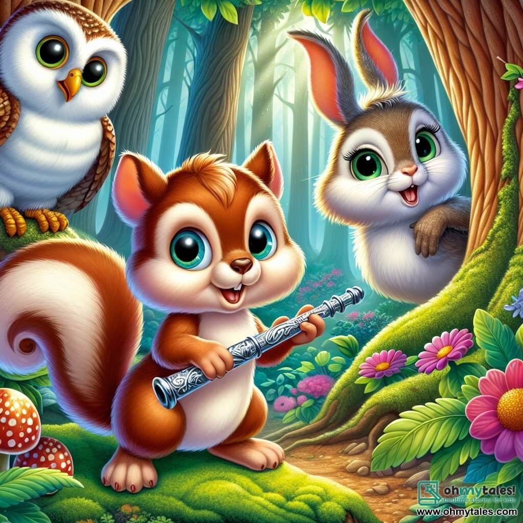 In the center of the image, a small squirrel named Sammy, with brown fur and a bushy tail, shows great curiosity with his sparkling eyes. He is holding a beautiful silver flute, looking around with a mix of excitement and wonder. To his right, Benny, a wise owl with white feathers and round glasses, attentively observes the scene, his eyes wide open, showing a look of concentration. He is perched on a low branch, ready to help his friend. To the left, Lila, an adorable bunny with big ears and soft fur, joyfully hops with a radiant smile on her face. She is surrounded by colorful flowers, adding a cheerful touch to the image. The setting is an enchanted forest, with majestic trees, vibrant green leaves, and sunlight filtering through the foliage, illuminating the mossy ground and multicolored flowers. The main situation shows Sammy, Benny, and Lila discovering the magical flute in a mysterious cave, ready to solve puzzles to help Luna, the unicorn, restore the magic of the forest.
