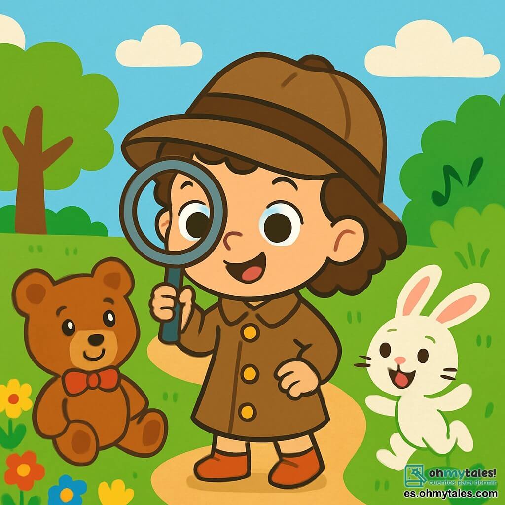 Una niña de 2 años, con grandes ojos curiosos y cabello rizado, lleva un sombrero de detective demasiado grande para ella. Sonríe con emoción, sosteniendo una lupa en su mano. A su lado, un oso de peluche llamado Tomás, con pelaje marrón y un pequeño lazo rojo alrededor del cuello, la mira con ojos brillantes. Un poco más lejos, una conejita llamada Lola, con pelaje blanco y grandes orejas, salta alegremente, lista para explorar. El escenario es un parque soleado, lleno de flores coloridas, árboles verdes y un camino de tierra que serpentea a través de la hierba. Al fondo, un cielo azul claro con algunas nubes blancas. La niña, Tomás y Lola están juntos, intrigados por un misterioso silbido que proviene de un arbusto. Están listos para aventurarse y descubrir de dónde viene ese sonido misterioso.
