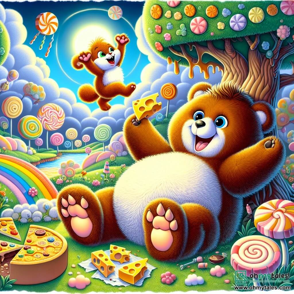 Benny, a large brown bear with soft, tousled fur, is lying on a patch of fluffy grass under a candy-shaped tree, wearing a surprised and joyful expression. He holds a large wheel of cheese in his paws, his eyes shining with excitement. Next to him, Zippy, a small squirrel with sparkling eyes and bright orange fur, jumps for joy, his tiny paws raised in the air, sporting a radiant smile. He dances around Benny, adding a lively touch to the scene. The setting is a whimsical landscape of Fluffington, with marshmallow-shaped hills, chocolate rivers flowing peacefully, and brightly colored singing flowers swaying in the breeze. The main situation shows Benny and Zippy celebrating their victory after retrieving the lost cheese from a magical pizza, surrounded by a joyful and playful atmosphere, ready to enjoy their feast under the sunny sky.