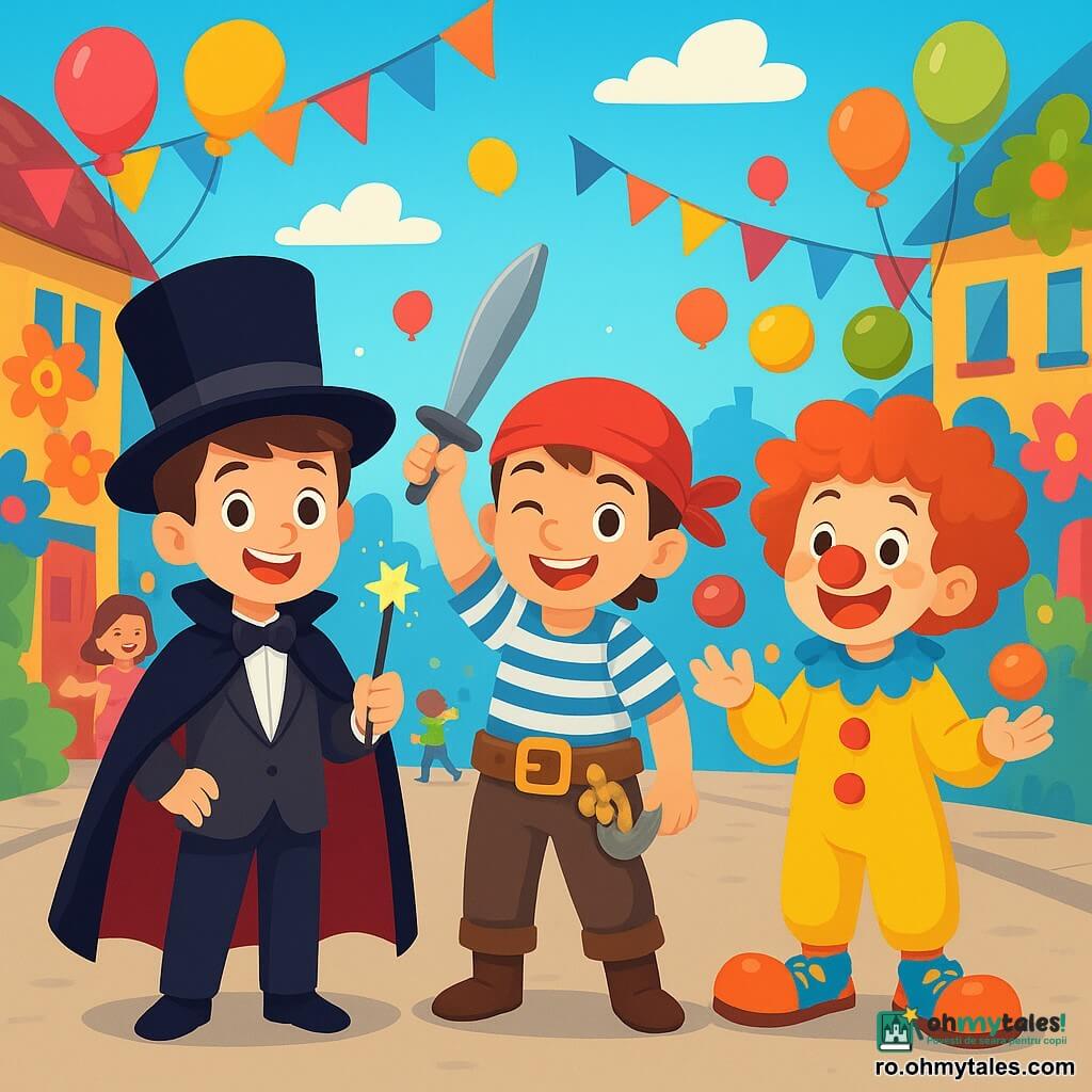 Există 3 personaje: - Alex: un băiat de 8 ani, îmbrăcat în costum de magician cu o mantie neagră mare și un pălărie înaltă în formă de cilindru. Ține o baghetă magică strălucitoare și zâmbește entuziast. - Darius: un băiat de 9 ani, deghizat în pirat cu un bandană roșie, o cămașă în dungi și o curea plină de comori false. Brandizează o sabie din plastic și face cu ochiul. - Vlad: un băiat de 7 ani, îmbrăcat în clown cu un nas roșu aprins, părul în dezordine și pantofi uriași. Jonglează cu bile colorate și râde vesel. Cei trei prieteni sunt în centrul unei străzi aglomerate, înconjurați de decorațiuni de carnaval strălucitoare. Baloane colorate plutesc pe cerul albastru, în timp ce ghirlande de flori din hârtie decorează casele. Departe, o scenă de dans este iluminată de lumini strălucitoare, iar copiii râd și dansează în jurul lor. Situația principală arată cei trei prieteni pregătiți să trăiască o aventură magică la carnaval, fiecare arătându-și costumul și energia, înconjurați de râsete și culori vii.