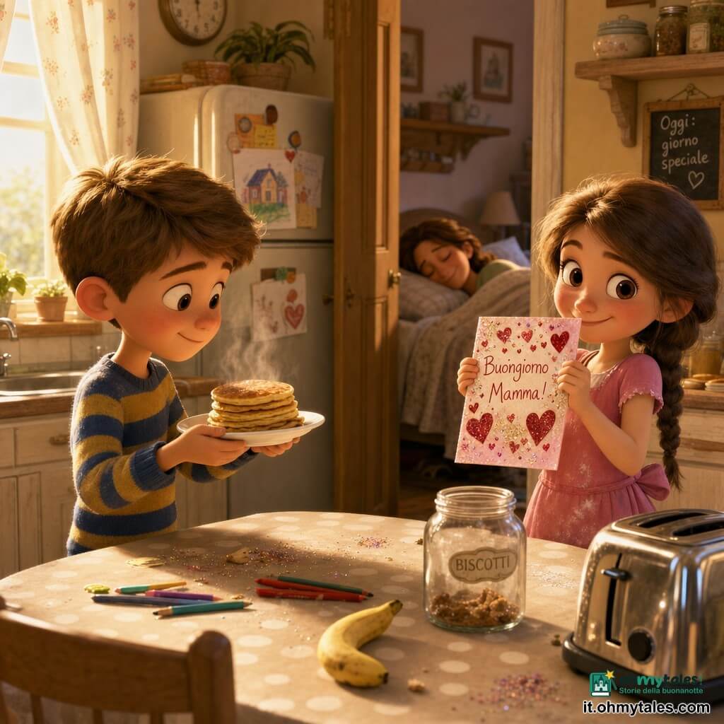 Ci sono tre personaggi: Leo, ragazzo di 8 anni dai capelli castano chiaro corti, con maglione rigato blu e giallo, a sinistra della tavola con un piatto di pancake fumanti; Giulia, bambina di 8 anni con capelli castani lunghi in treccia, vestito rosa con macchie di farina, a destra della tavola che mostra con fierezza una cartolina fatta a mano decorata con cuori e paillettes; la mamma, donna di circa 35 anni con capelli sciolti, dorme nella stanza sullo sfondo con la coperta fino al mento e un sorriso assonnato; ambientazione in una piccola cucina luminosa dall'atmosfera mattutina, tavolo in legno chiaro con tovaglia a pois e finestra che lascia entrare una luce dorata; situazione: i due bambini preparano di nascosto una sorpresa per la mamma, con gesti teneri e birichini, briciole e paillettes sparse.