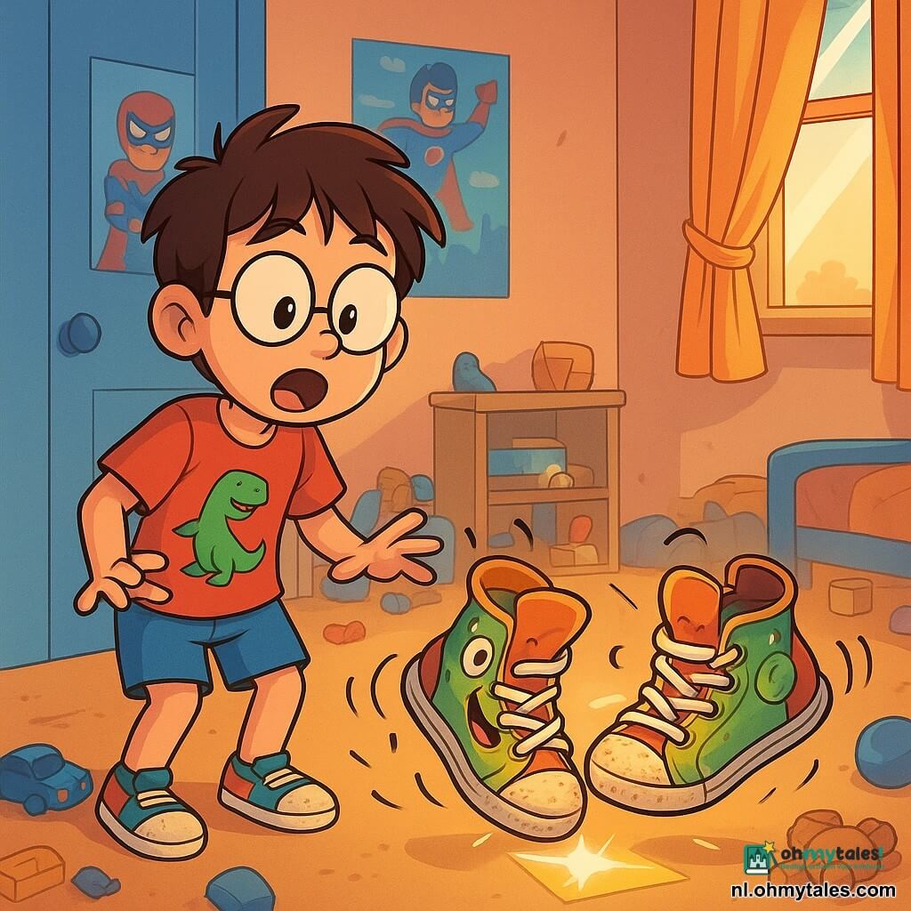 Een 10-jarige jongen, Max, met rommelig bruin haar en ronde bril, kijkt verrast en verwonderd. Hij draagt een rood t-shirt met een dinosaurus en een blauwe korte broek, terwijl hij voor een open kastdeur staat met grote ogen. Naast hem dansen zijn oude, versleten sportschoenen in felle kleuren vrolijk met glimlachstickers aan de zijkanten. De plek is een rommelige kinderkamer, met superheldenposters aan de muren, speelgoed verspreid over de vloer en een zonnestraal die door de kleurrijke gordijnen valt. Max, verrast maar geamuseerd, ontdekt dat zijn schoenen kunnen praten en dansen, terwijl een magische envelop op de vloer schittert en een ongelooflijk avontuur belooft.