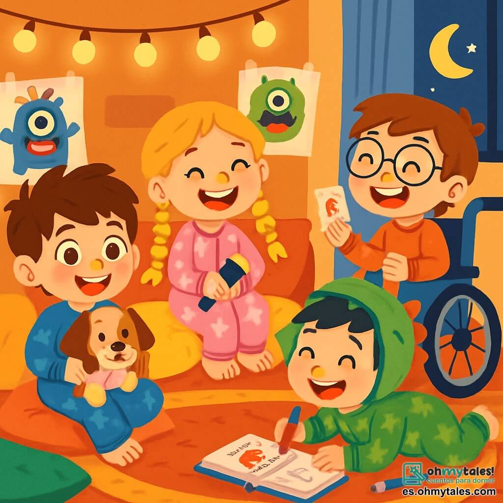 Hay 4 niños: - Diego: un niño de 8 años, con el pelo castaño desordenado y ojos brillantes. Lleva un pijama azul con dibujos de cohetes y sostiene un peluche de perro llamado Manchitas en sus brazos. - Lucía: una niña de 8 años, con largas trenzas rubias y una sonrisa radiante. Lleva un pijama rosa con unicornios y está sentada en un cojín en forma de estrella, sosteniendo una pequeña linterna. - Mateo: un niño de 8 años, con pelo negro y un sombrero de dinosaurio. Lleva un pijama verde con dibujos de dinosaurios y está acostado sobre el vientre, dibujando en un cuaderno. - Álvaro: un niño de 8 años, con gafas redondas y cabello castaño. Está en una silla de ruedas decorada con pegatinas de superhéroes, sonriendo alegremente mientras sostiene una carta de juego. El lugar es una sala acogedora, llena de cojines coloridos y luces centelleantes. Cadenas de luces están colgadas en las paredes, y una gran alfombra suave está extendida en el suelo. En una esquina, una gran ventana deja pasar la luz de la luna, creando un ambiente mágico. La situación principal muestra a los niños reunidos alrededor de un gran círculo de cojines, compartiendo sus miedos mientras ríen. Todos parecen felices y relajados, listos para enfrentar juntos a sus monstruos imaginarios, con dibujos de monstruos graciosos colgados en la pared detrás de ellos.