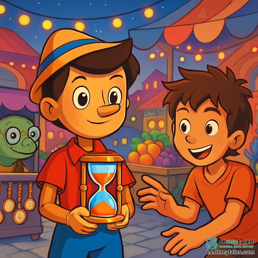 Pinocho, un joven de madera con piel suave y dorada, tiene ojos chispeantes de curiosidad y una expresión decidida en su rostro. Lleva una camisa roja brillante y pantalones azules, y sostiene un reloj en forma de reloj de arena, símbolo de su poder sobre el tiempo. A su lado, Lucignolo, un niño de diez años con cabello despeinado y piel bronceada, muestra una sonrisa traviesa mientras extiende la mano hacia Pinocho, listo para ayudarlo. En el fondo, la sabia tortuga Serafina, anciana y con gafas redondas, observa la escena con una mirada benevolente, sentada cerca de su puesto de relojes brillantes. El lugar es un mercado de ensueño, vibrante de colores, con puestos repletos de frutas brillantes y criaturas fantásticas que se mueven alegremente. Guirnaldas de luces flotan en el aire, creando una atmósfera mágica y acogedora. La situación principal muestra a Pinocho y Lucignolo unidos, listos para enfrentar el desafío de restaurar el equilibrio del tiempo, mientras el mercado a su alrededor cobra vida con criaturas encantadas, testigos de su aventura llena de promesas.