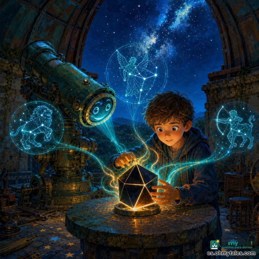 Un niño de 10 años, pelo castaño alborotado, ojos curiosos y abiertos, rostro iluminado por un resplandor azul; sostiene con ambas manos un prisma negro brillante y muestra una expresión maravillada y algo tímida. Un viejo observador no humano: un telescopio antiguo transformado en máquina viviente de metal verde patinado, inclinado lentamente hacia el niño desde atrás y a la izquierda, proyectando hologramas luminosos de constelaciones. El prisma, objeto secundario pero central, es geométrico y negro con aristas internas color amanecer; reposa sobre una mesa redonda de piedra y emite hilos de luz turquesa y dorada que se desvanecen en cintas. El lugar es un antiguo observatorio en una colina de noche: cúpula abierta de metal oxidado, muros de piedra cubiertos de musgo, suelo con herramientas y estrellas pintadas, cielo profundo con una grieta luminosa entre las estrellas. La escena muestra al niño tocando el prisma que activa hilos de luz y símbolos flotantes, el telescopio protector proyectando tres constelaciones holográficas alrededor, ambiente ciencia-fantasía misterioso con colores saturados y contrastes cálidos (ámbar) y fríos (azul turquesa).